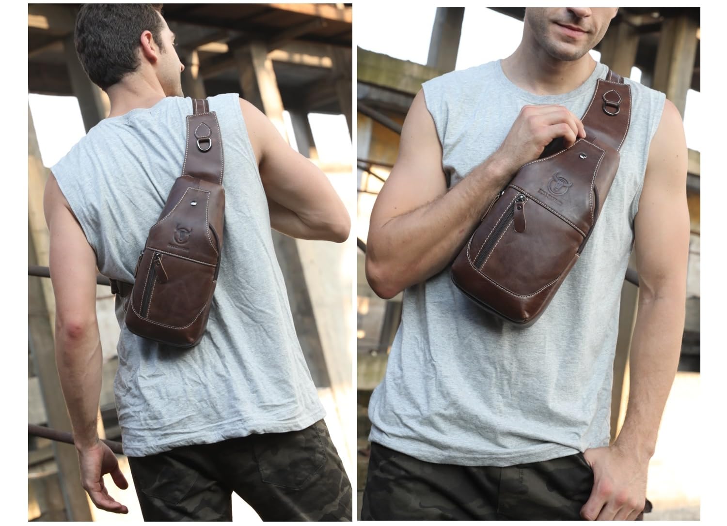 BULLCAPTON Genuine Leather Men's Sling Backpack - Multi-Pocket Crossbody Chest Bag with Earphone Hole - Durable Travel & Casual Backpack for Work, Gym & Outdoor Adventures (Brown)