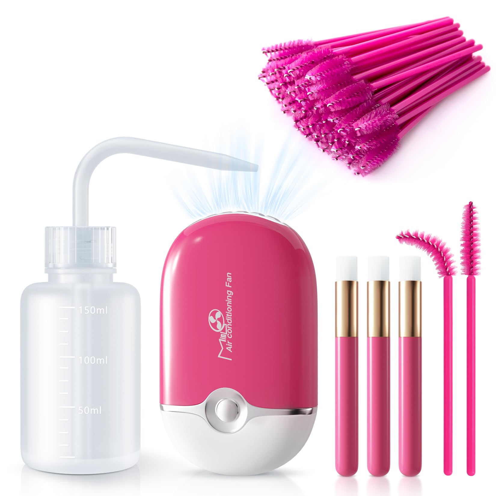 Portable Lash Fan Kit with 50 Eyelash Shampoo Brushes, 3 Nose Blackhead Cleansing Brushes & 1 Plastic Wash Bottle (Rose) - Perfect for Salon, Travel & Home Eyebrow Care