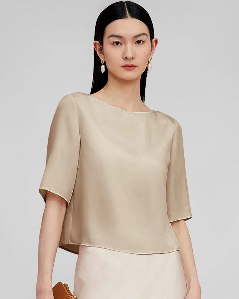 Half Sleeve Basic Silk Blouse for Women - Elegant Casual & Office Wear - Soft Breathable Silk Top for Summer & Spring