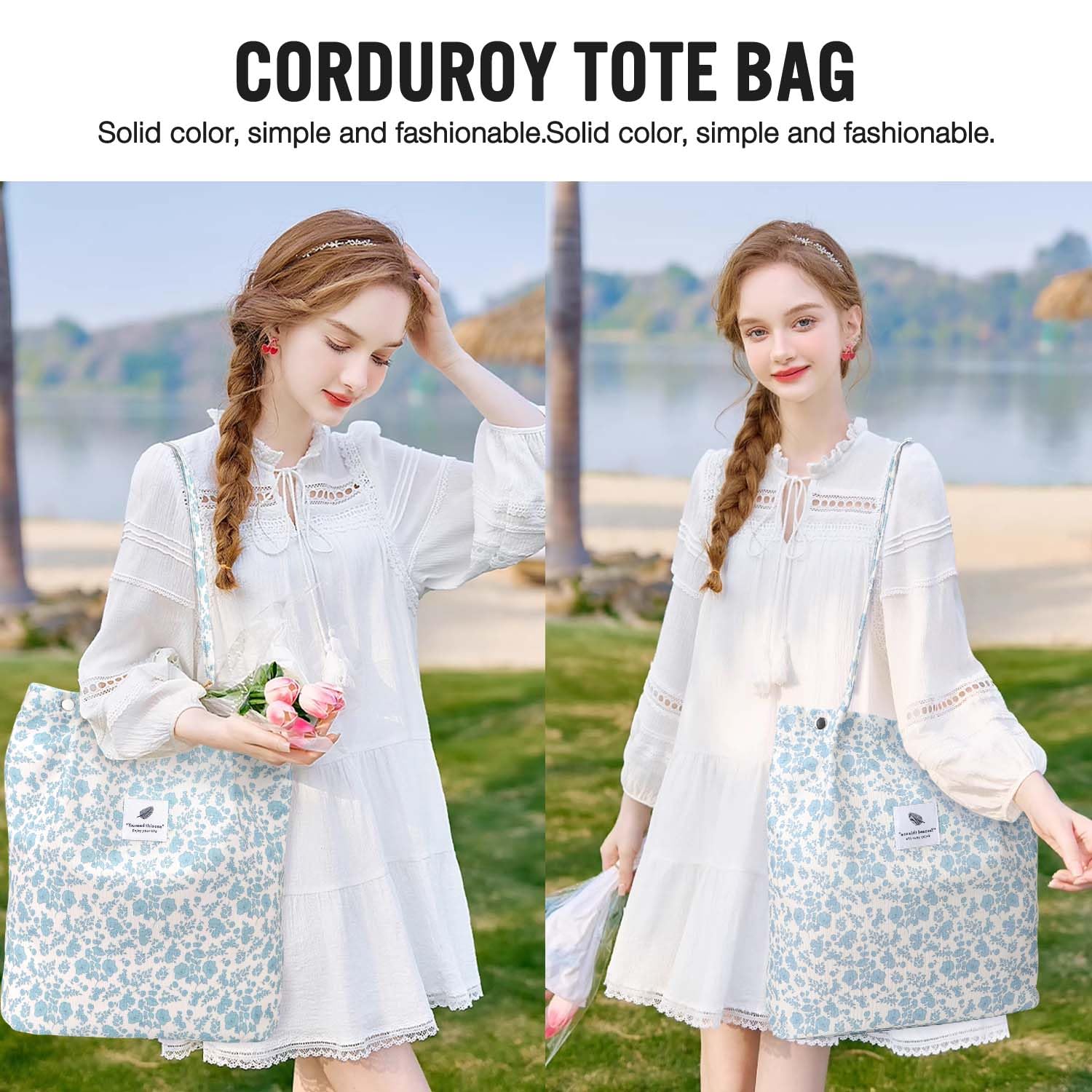 Stylish Corduroy Tote Bag for Women - Durable Shoulder Beach Bag with Matching Makeup Pouch - Perfect for Work, Travel, Grocery Shopping & Daily Use