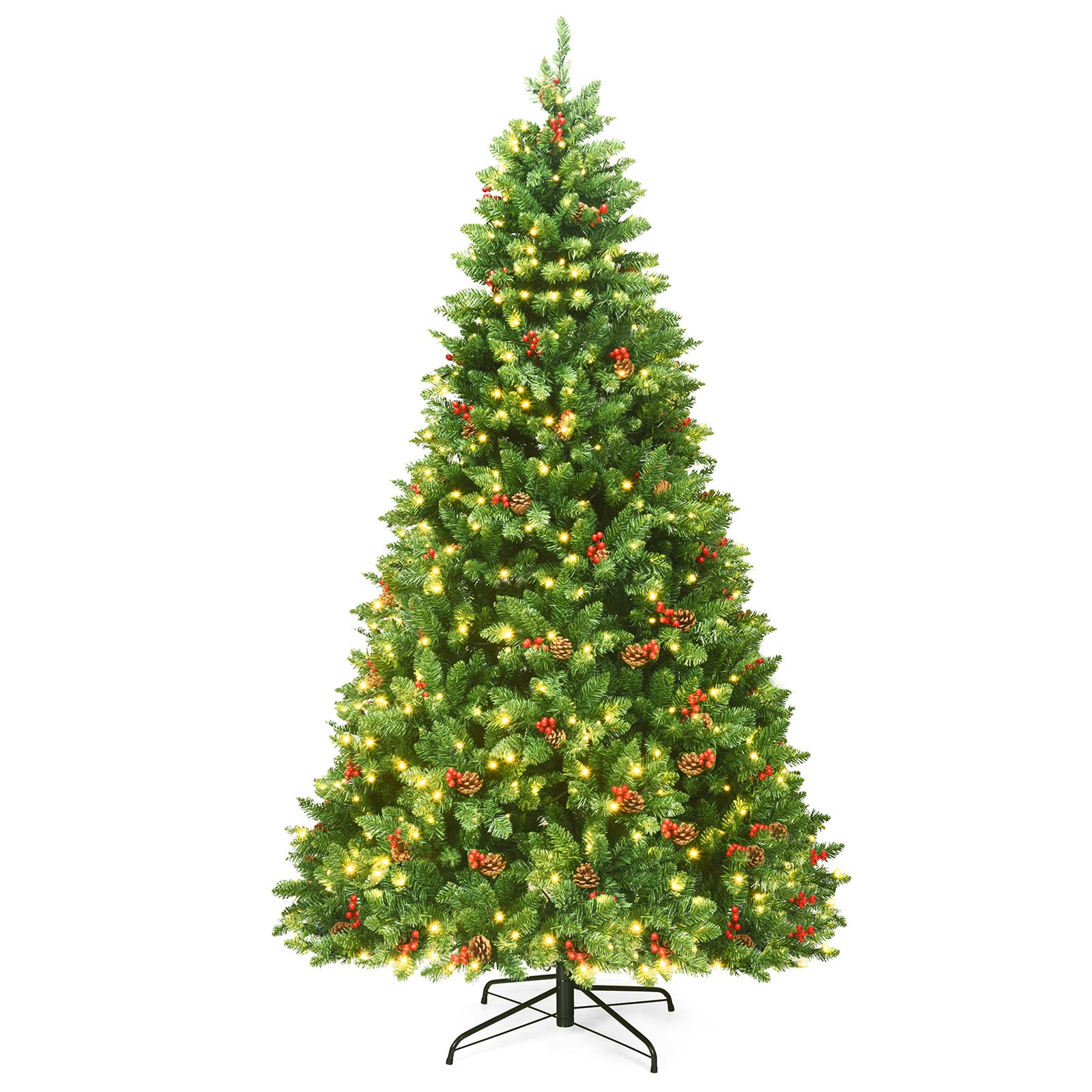 7.5ft Pre-Lit Artificial Christmas Tree with 1526 PVC Branches, 550 Warm White LED Lights (UL Certified), 73 Pine Cones & Red Berries - Foldable Metal Hinge Base - Perfect for Home Decor, Holiday Parties & Christmas Celebrations