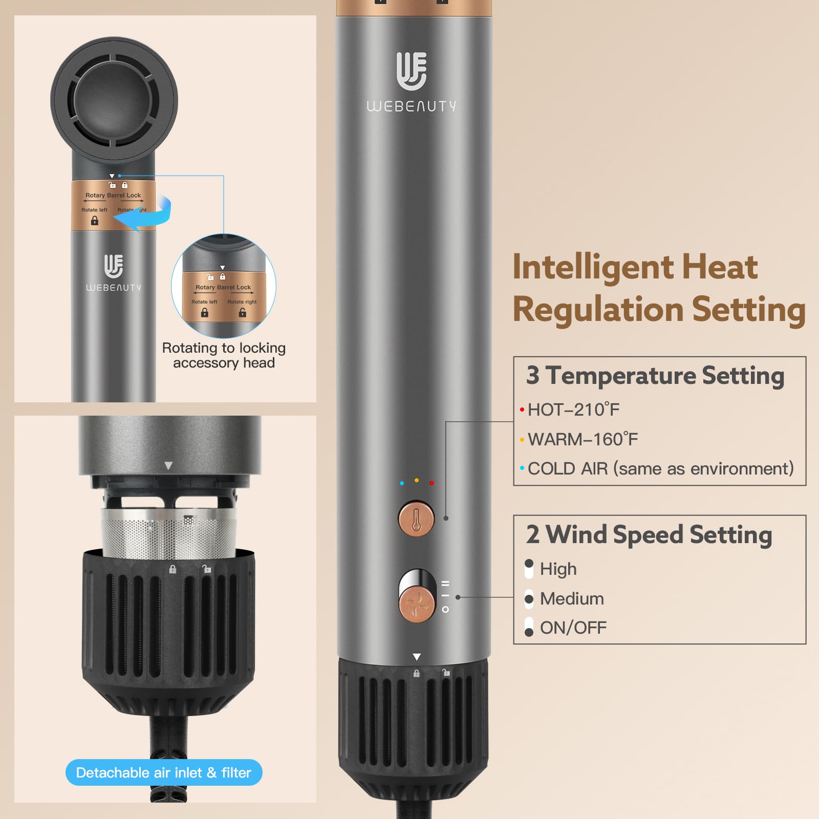 Webeauty 5-in-1 Professional Hair Dryer Brush - Ionic Hot Air Styling Tool with Fast Drying, Volumizing & Straightening | 2-in-1 Blow Dryer & Curling Iron for Salon-Quality Styling at Home (Grey Gold) - Perfect for Daily Hair Care, Travel & Salon Styling