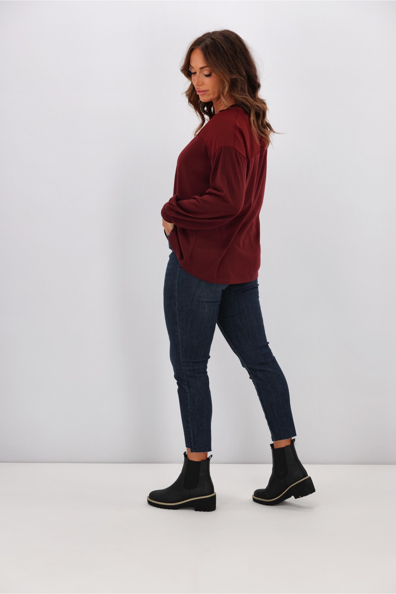 Alpine by Shine On Fleur Chiffon Yoke Merino Top in Claret Red - Elegant Women's Knitwear for Fall & Winter Layering