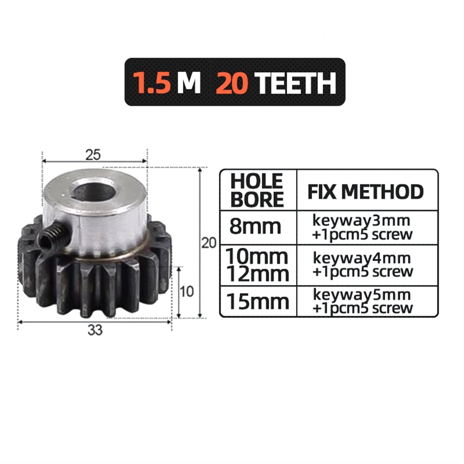 Steel Spur Gear Pinion 20T 1.5 Module with 8mm/10mm/12mm/15mm Bore - Straight Teeth Gear for Rack Transmission (8mm Bore with 3mm Keyway) - Perfect for CNC Machines, 3D Printers, and Industrial Automation Systems