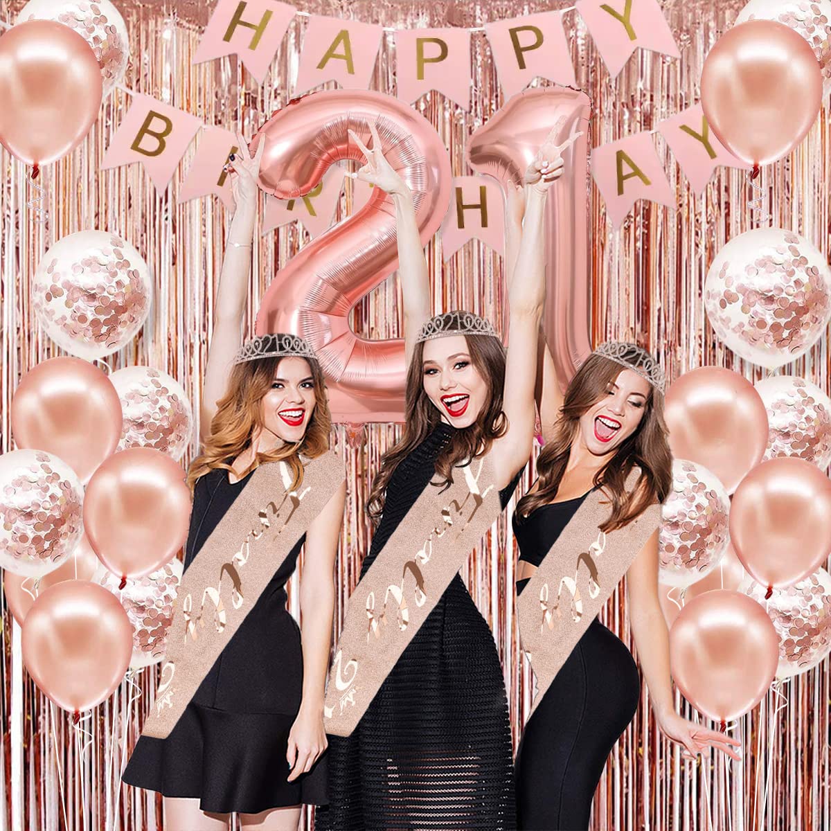 21st Birthday Party Decorations for Women - Rose Gold Banner, Crown, Sash, Cake Topper & Balloons Set | Perfect for 21st Birthday Celebrations, Milestone Parties & Girls' Night Decor