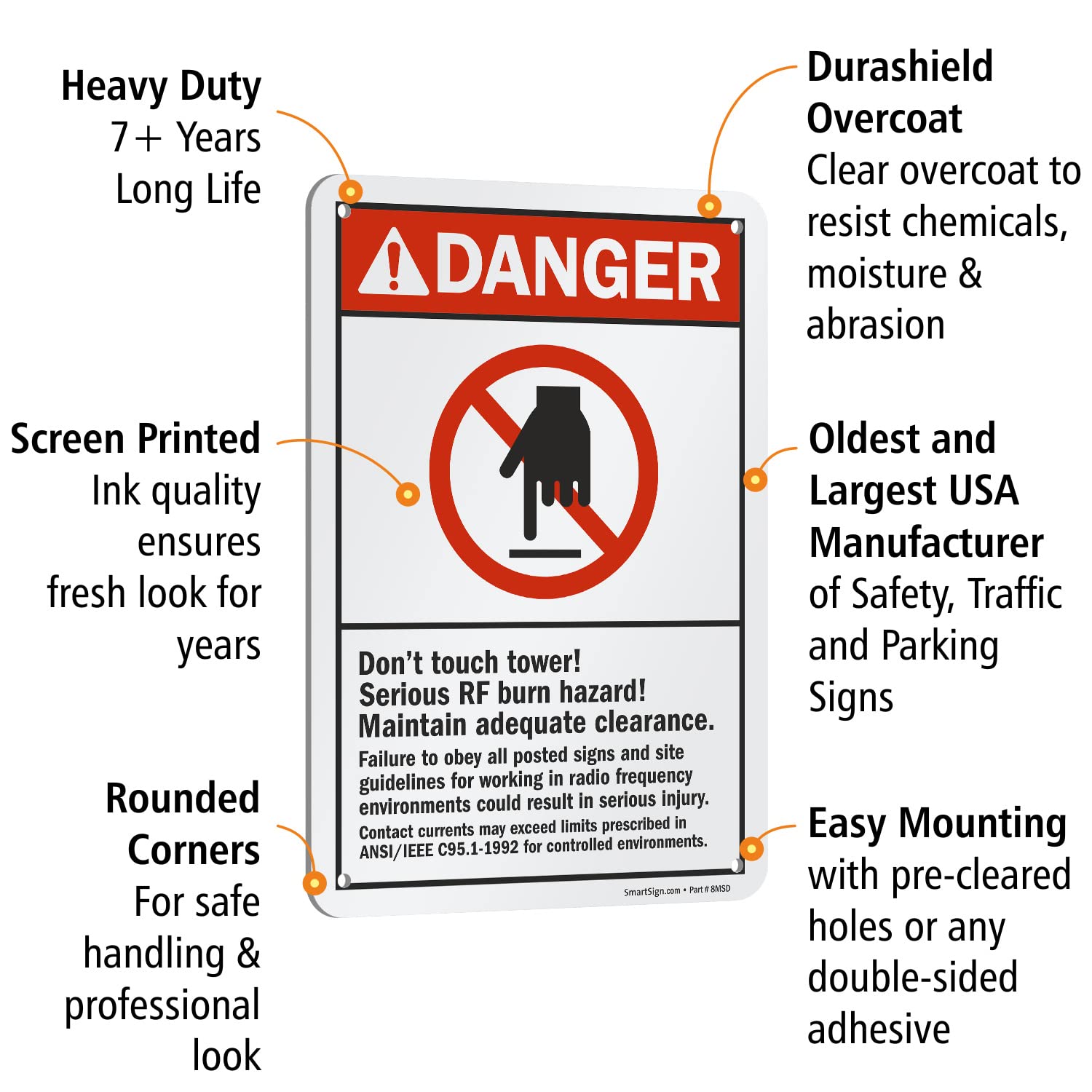 Danger - Don't Touch Tower RF Burn Hazard Sign | 10x7 Inch ANSI Compliant Metal Sign | 40 Mil Laminated Rustproof Aluminum | Red, Black & White | for Electrical Towers, Utility Poles & High Voltage Areas