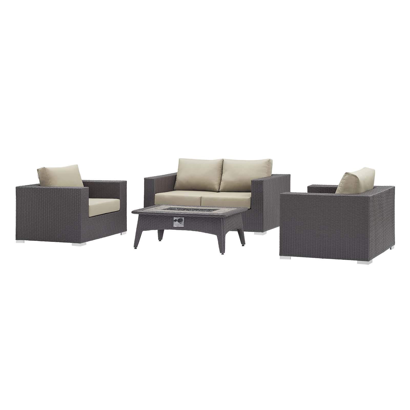 Modern Outdoor Patio Set - Wicker Sofa, Chair & Fire Pit Table for Garden Relaxation