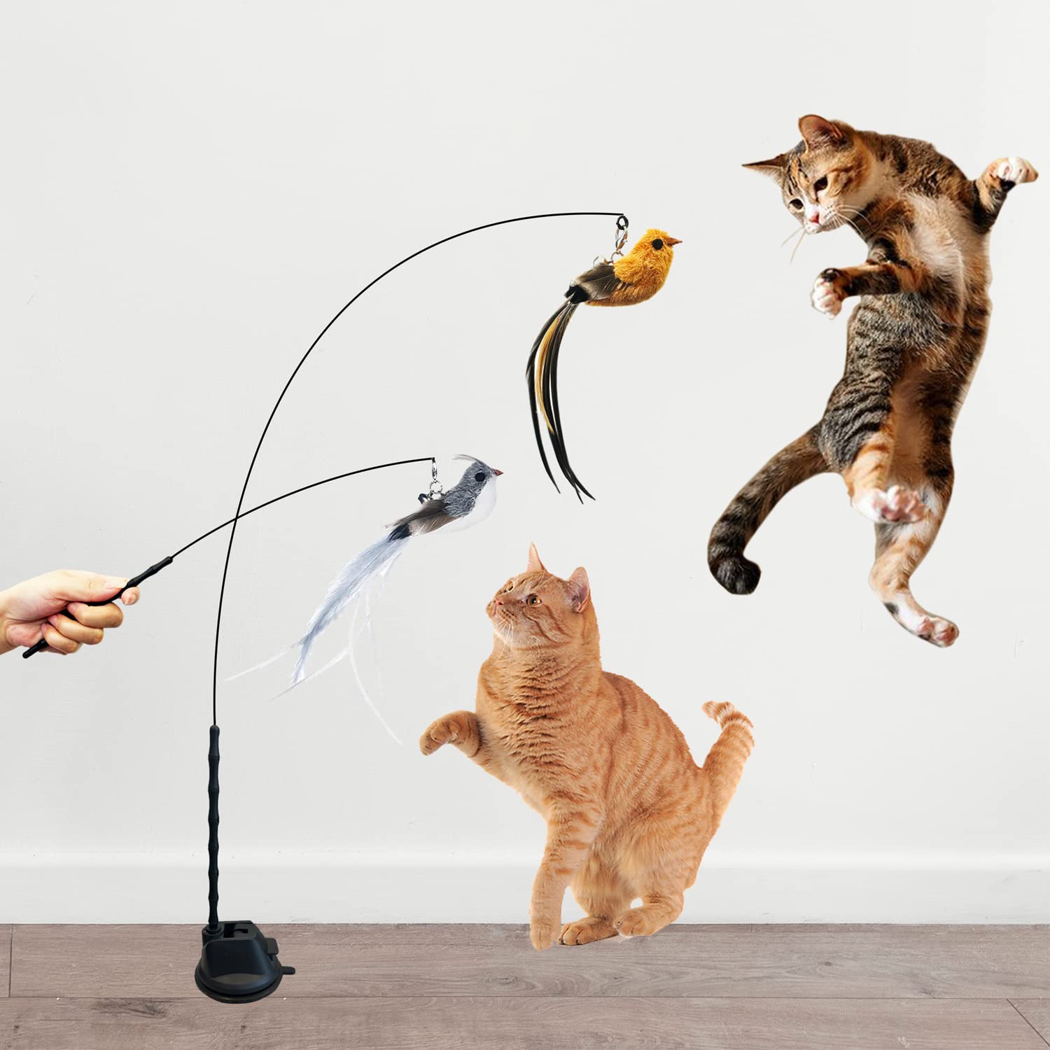 Interactive Cat Feather Toys with Super Suction Cup - 3 Pcs Detachable Replacement Set with Bells - Fun Indoor Play for Active Cats - Perfect for Exercise, Bonding & Mental Stimulation