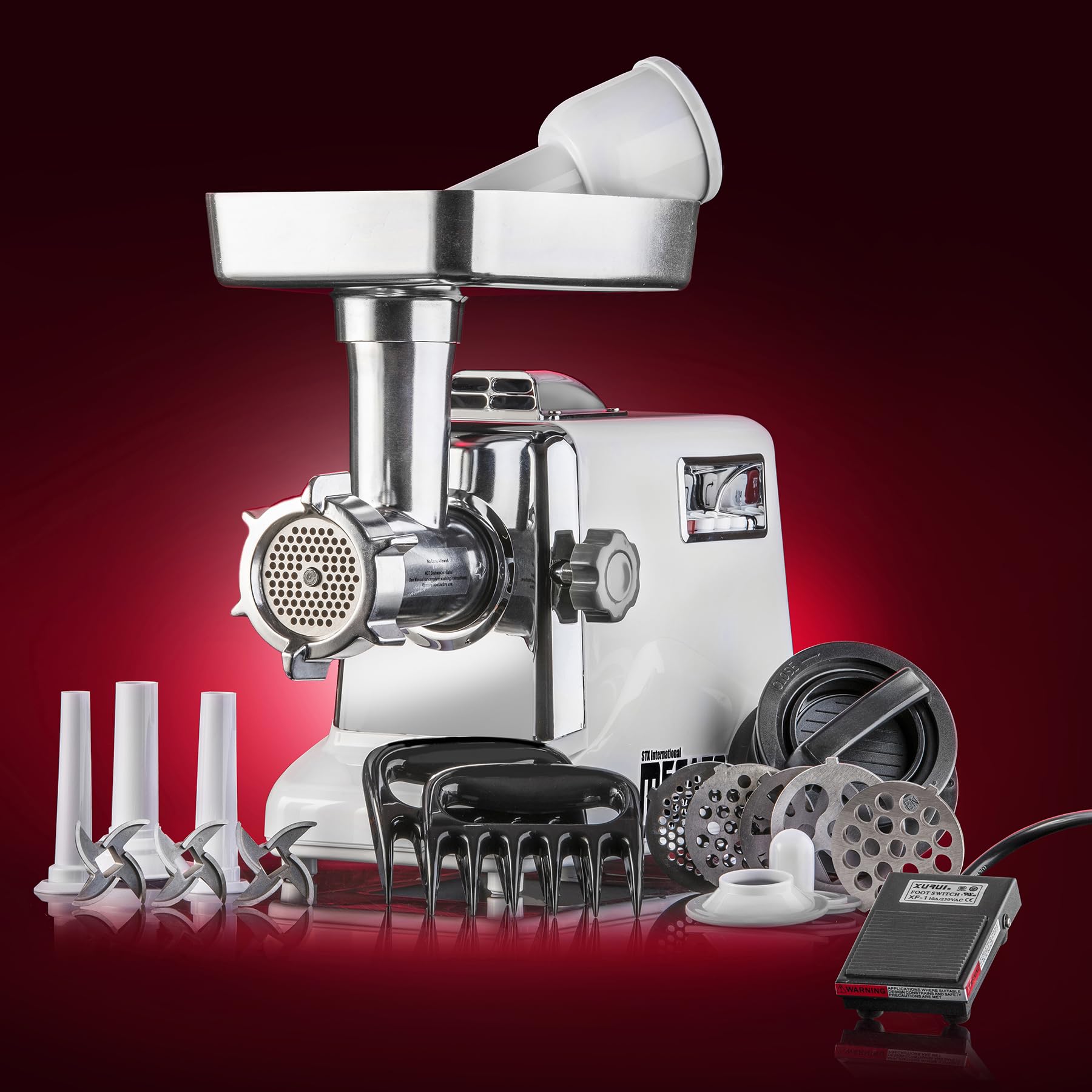 Megaforce 3000 Series 6-in-1 Electric Meat Grinder - 3000W Heavy Duty Commercial Meat Grinder with Air Cooling System, 3-Speed Control & Foot Pedal - Includes 5 Grinding Plates, Stainless Steel Blades, Sausage Stuffer & Kubbe Maker Attachment - Perfect for Home Kitchen, Butcher Shop, Restaurant & Food Processing