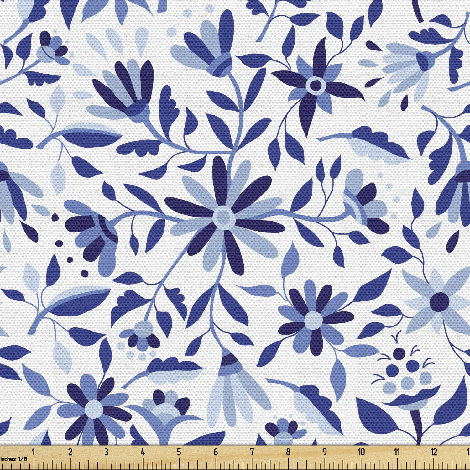 Ambesonne Indigo Fabric by The Yard - Modern Minimalist Spring Floral Swirls & Leaves Design - Decorative Upholstery Fabric for Sofa, Curtains, Pillows - Pale Blue & Navy Blue Home Decor Fabric - Perfect for DIY Projects, Crafting & Home Accents