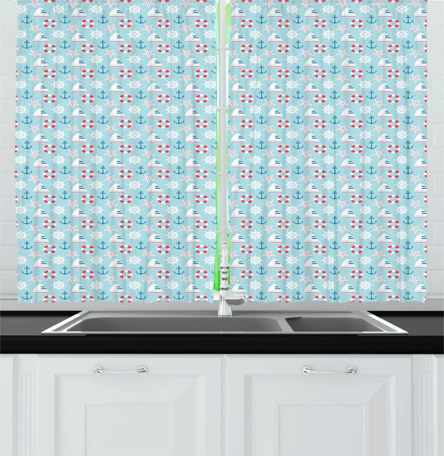 Ambesonne Blue Nautical Kitchen Curtains - Marine Themed with Anchor, Sailing Boat & Starfish Print - 2 Panel Rod Pocket Drapes for Windows 55