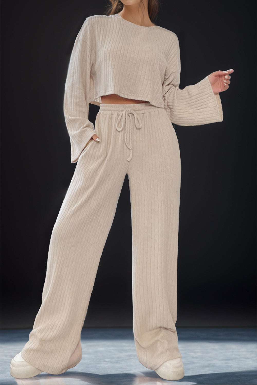 Women's Round Neck Long Sleeve T-Shirt & Pants Set - Casual Loungewear Outfit for Home, Yoga, and Everyday Wear