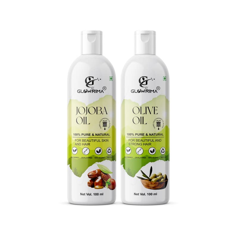 Glowrima 100% Pure Jojoba Oil & Olive Oil Combo Set (2 x 100ml) - Natural Hair Growth Treatment for Faster Growth, Anti Hair Loss, Split Ends Repair - Promotes Soft, Shiny & Healthy Hair - Perfect for Daily Hair Care, Scalp Massage & DIY Hair Masks