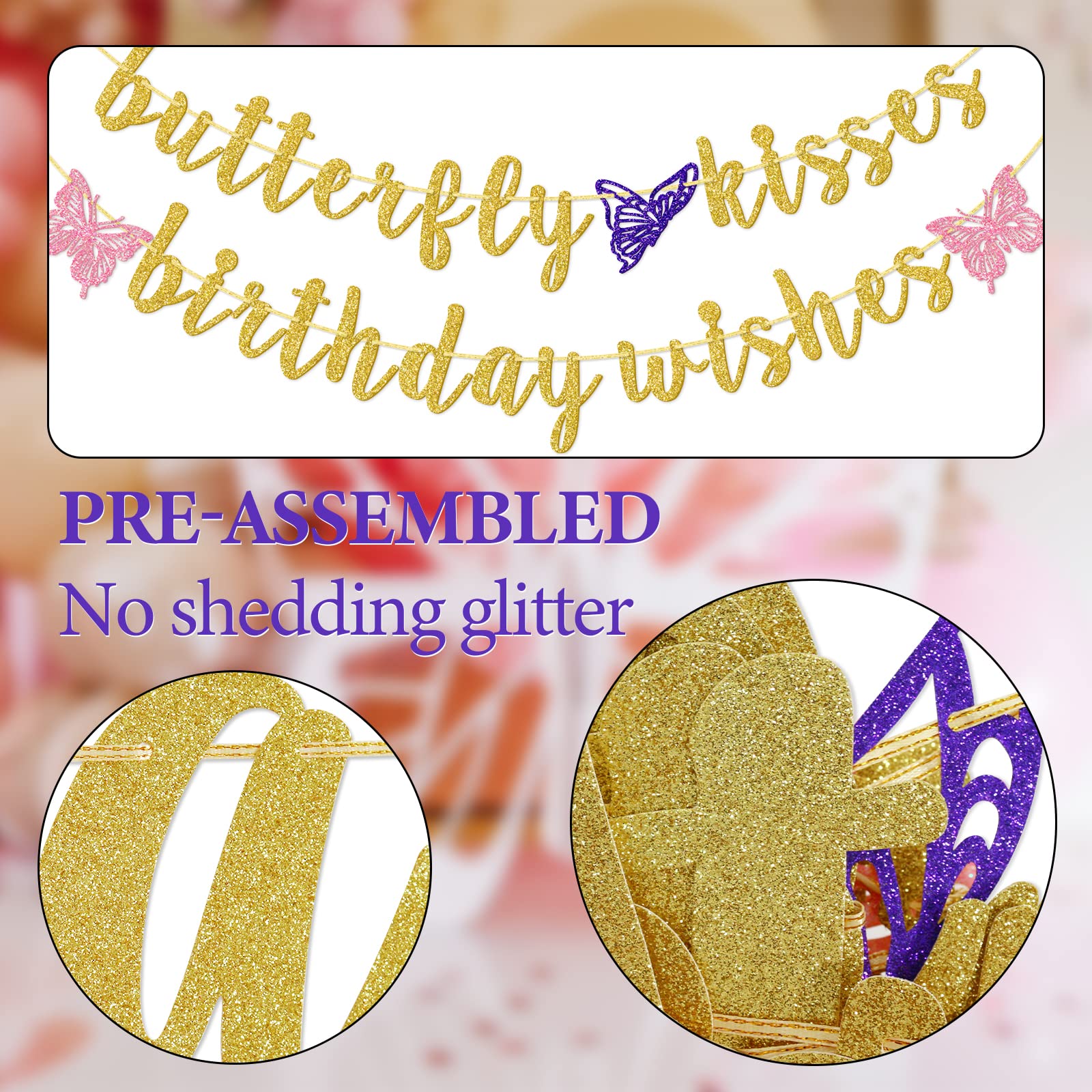 Butterfly Kisses Birthday Banner - Gold Butterfly First Birthday Party Decorations for Girls, Baby Shower & Birthday Celebrations - Perfect for Wall Decor, Party Backdrops & Photo Booths