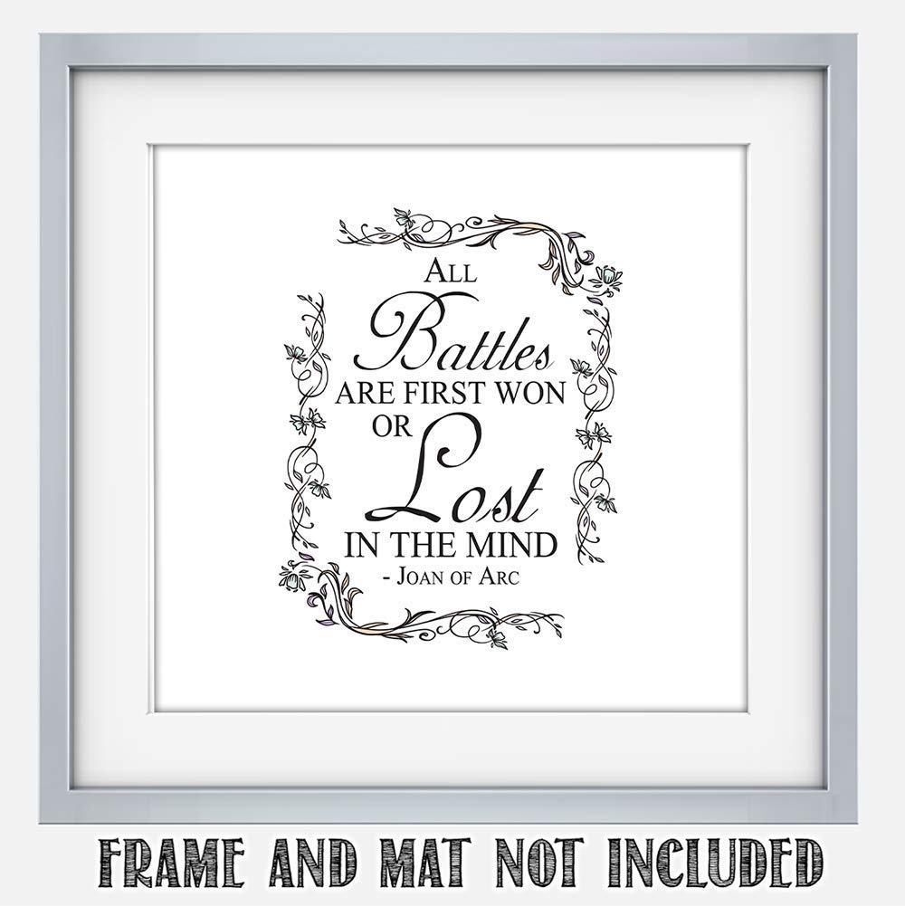 TJ Originals - 'All Battles are First Won or Lost in the Mind' Joan of Arc Christian Bible Quote Wall Art Print - 11x14 Inspirational Scripture Decor with Floral Border - Perfect for Home, Office & Gift for Family & Friends