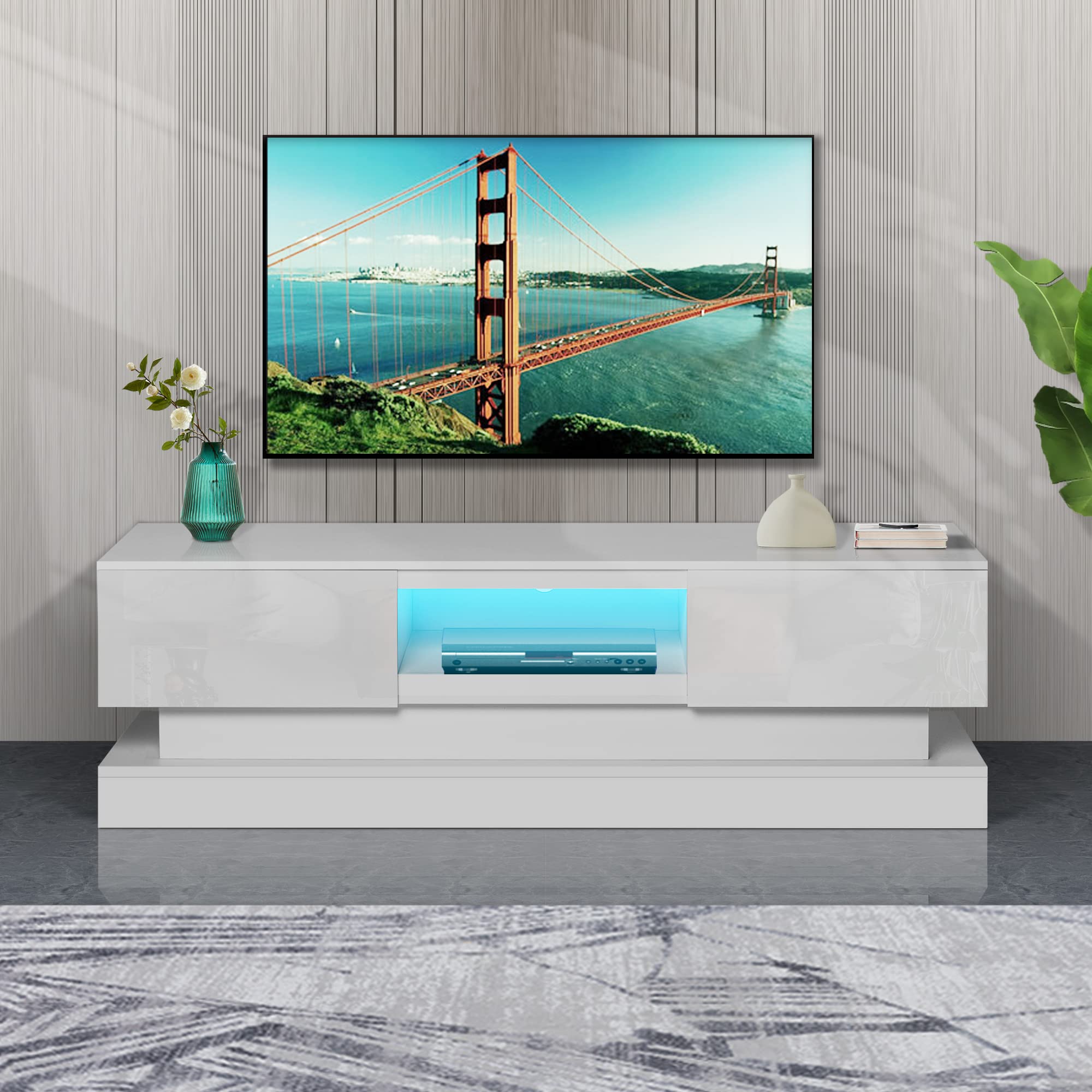 Modern Wood TV Stand for 55 Inch TVs - 16-Color LED Light Entertainment Center with DVD Shelf - High Gloss TV Cabinet for Living Room & Bedroom - Perfect for Movie Nights & Gaming Setup (Black)