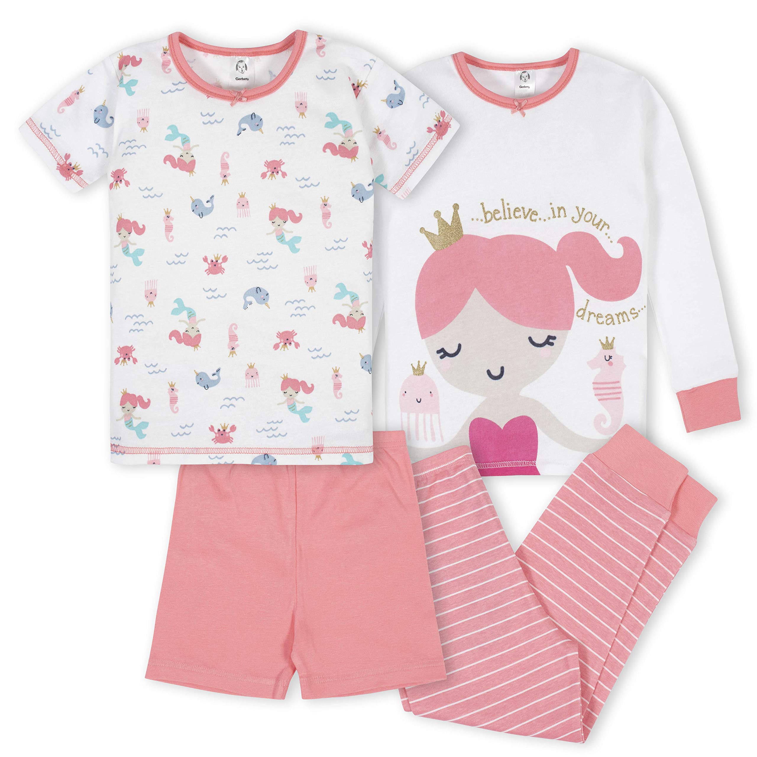 Gerber Baby Girls' 4-Piece Pajama Set - Soft Cotton Sleepwear for Toddlers & Infants - Perfect for Bedtime, Nursery & Comfortable Playtime