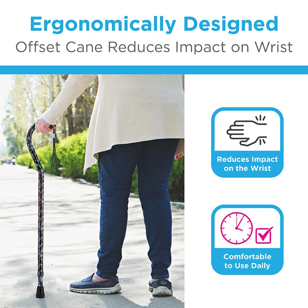 Lightweight Adjustable Walking Cane with Offset Handle - Ergonomic Support for Seniors & Mobility Aid - Comes with Carrying Strap - Stylish Black with Blue & Pink Floral Design - Perfect for Daily Use, Travel & Outdoor Activities