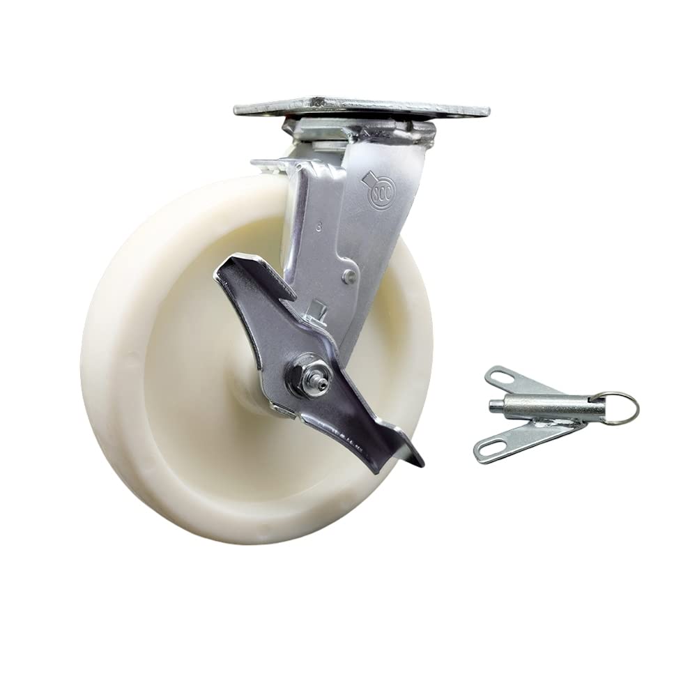 Heavy Duty Stainless Steel Swivel Caster with Top Lock Brake & Swivel Lock - 8 Inch Nylon Wheel with Ball Bearings - 1250 lbs Capacity - Ideal for Industrial Equipment, Restaurant Carts, and Warehouse Utility