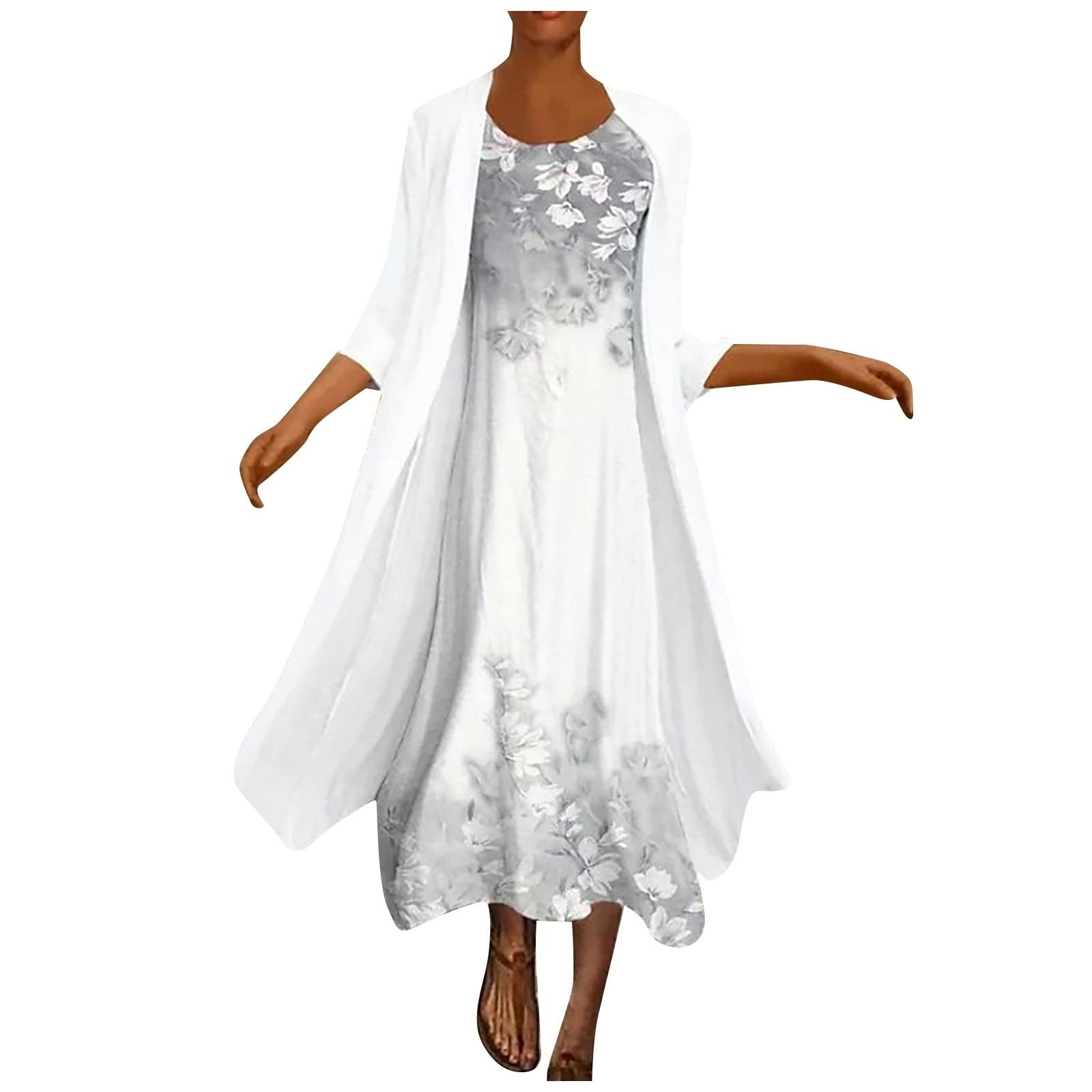 Women's Summer Casual Cocktail Dress Set - Floral Print O-Neck Two Piece Midi Dress for Party, Wedding, Vacation & Date Night Outfits