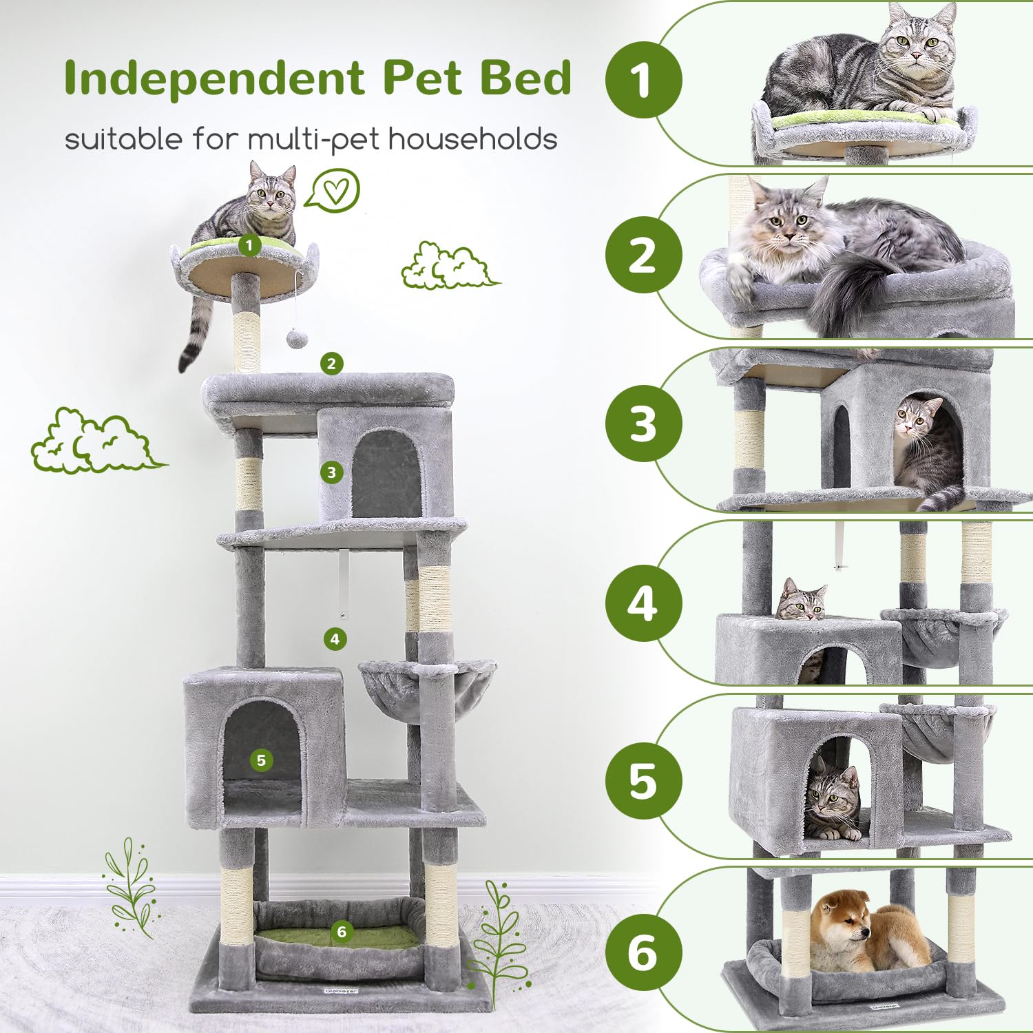 Heavy Duty 72in Cat Tree for Large Cats - Sturdy Maine Coon Cat Tower with 6 Scratching Posts, Hammock & Perches, Supports 20+ lbs, Light Grey - Perfect for Big Cats Play, Climbing & Scratching in Living Room or Bedroom