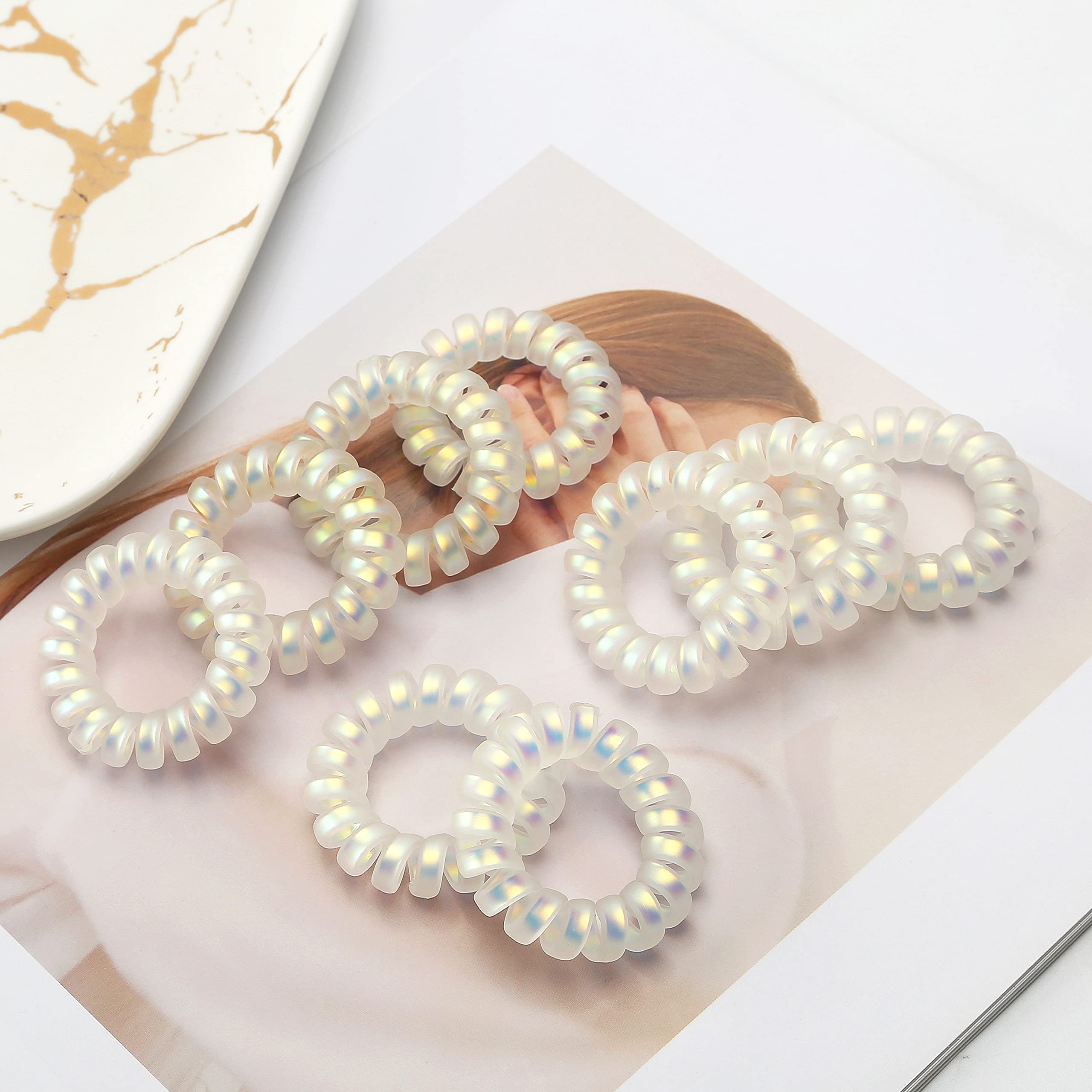 9PCS Matte Spiral Hair Ties for Women & Girls - Coil Ponytail Holders, Comfortable Wear-Resistant Hair Rings, Waterproof Phone Cord Hair Bands (White) - Perfect for Workouts, Yoga, Swimming & Everyday Styling