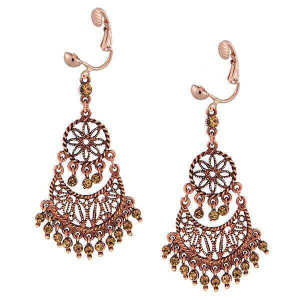 1928 Vintage Burnt Copper Light Topaz Crystal Chandelier Clip-On Earrings for Women - Elegant Dangle Earrings for Party, Wedding & Evening Wear