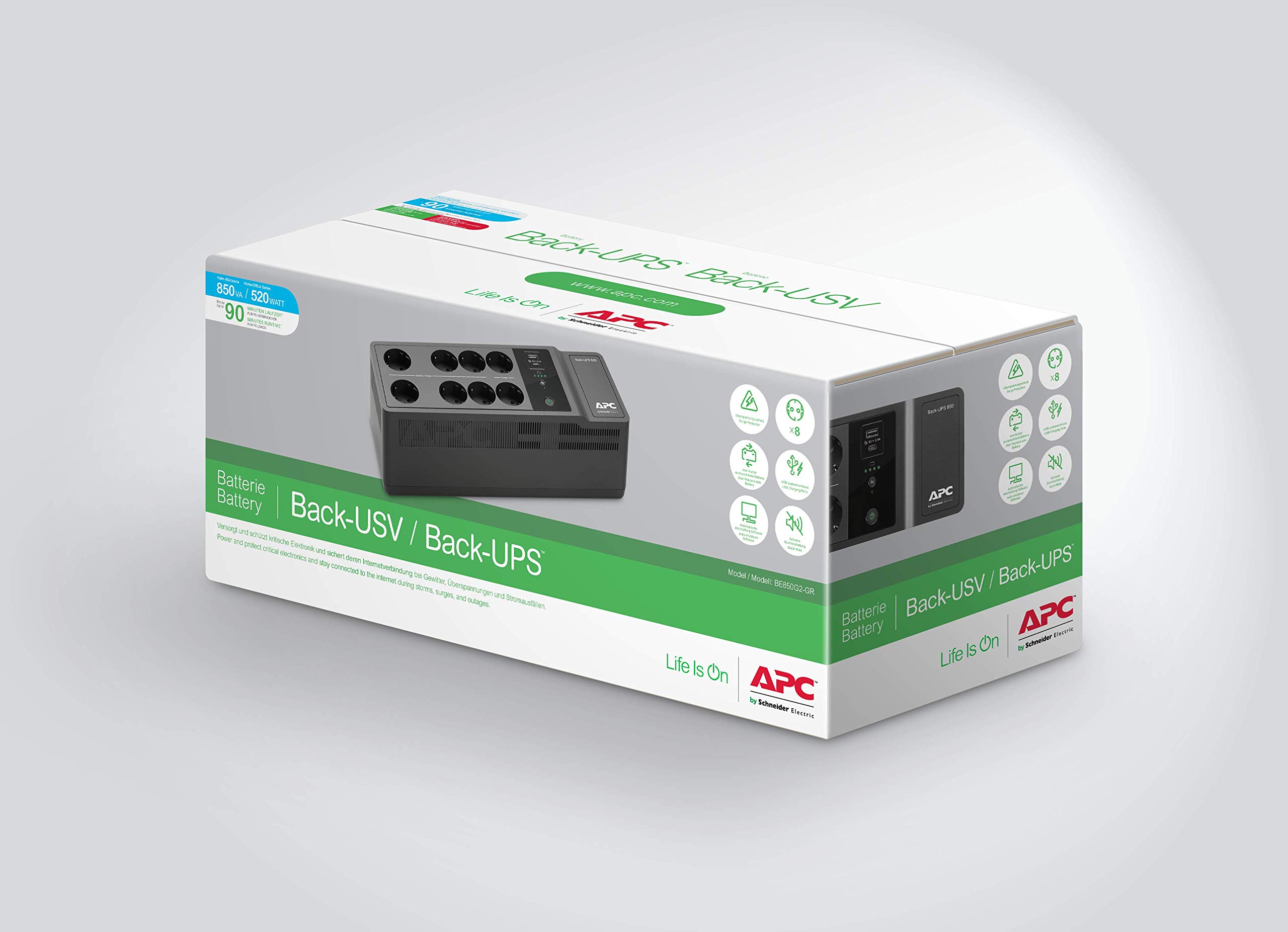 APC Back-UPS ES 850VA Battery Backup (BE850G2-SP) with 8 Schuko Outlets, USB-A & USB-C Charging Ports - Power Protection for Home Office, Gaming PC & Network Equipment