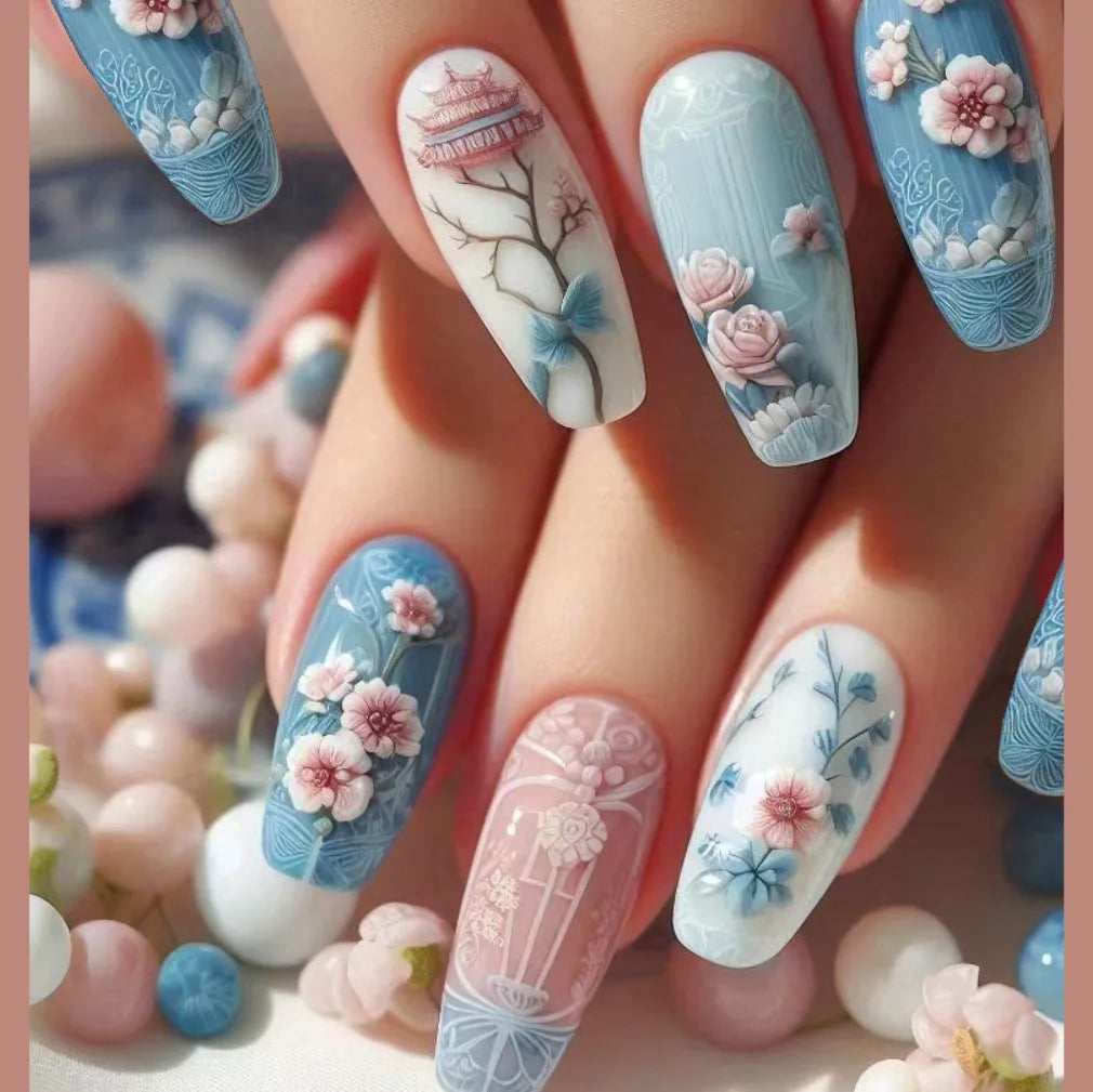24Pcs Medium Length Press-On Ballet Fake Nails - Spring Floral Design Acrylic Nail Tips with Glue | Perfect for Parties, Weddings & Everyday Wear