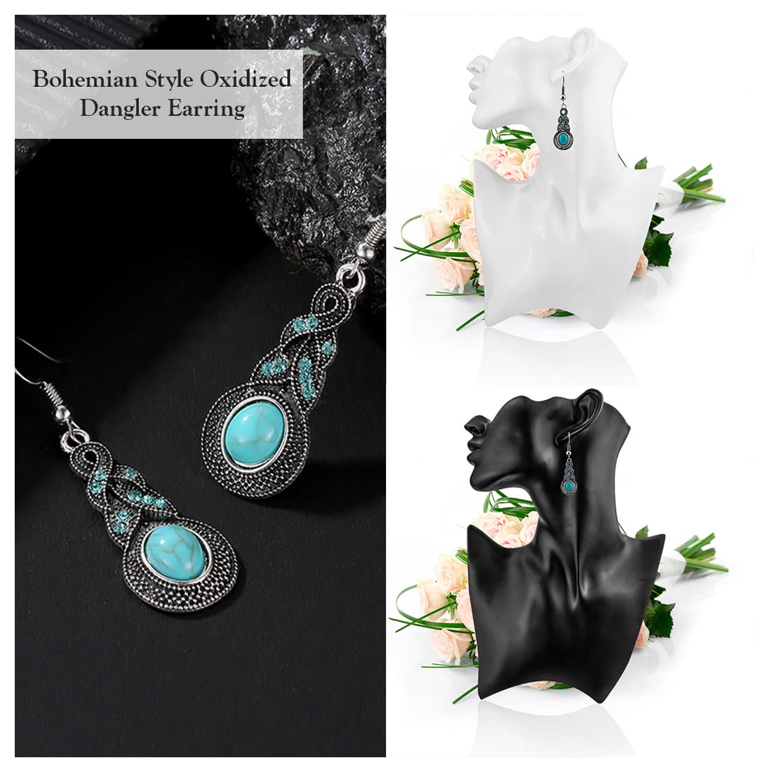 Bohemian Style Blue Stone Silver Oxidized Drop Earrings for Women | German Silver Round Dangle Earrings | Birthday Anniversary Gift for Wife, Girlfriend, Daughter | Elegant Jewelry for Party, Wedding, Date Night