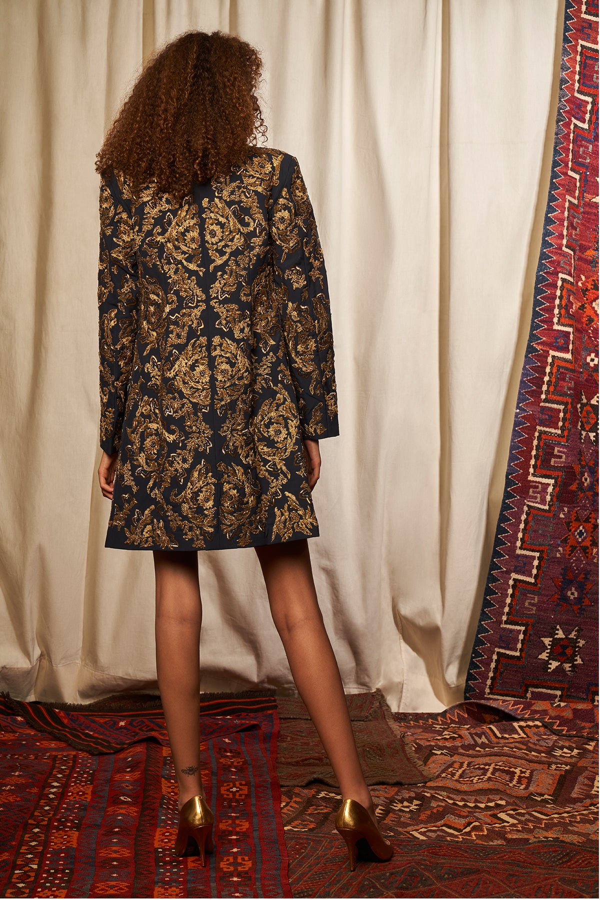 Navy Blue Baroque Embroidered Jacket for Women - Elegant Handcrafted Coat for Fall & Winter Fashion | Perfect for Parties, Weddings & Office Wear