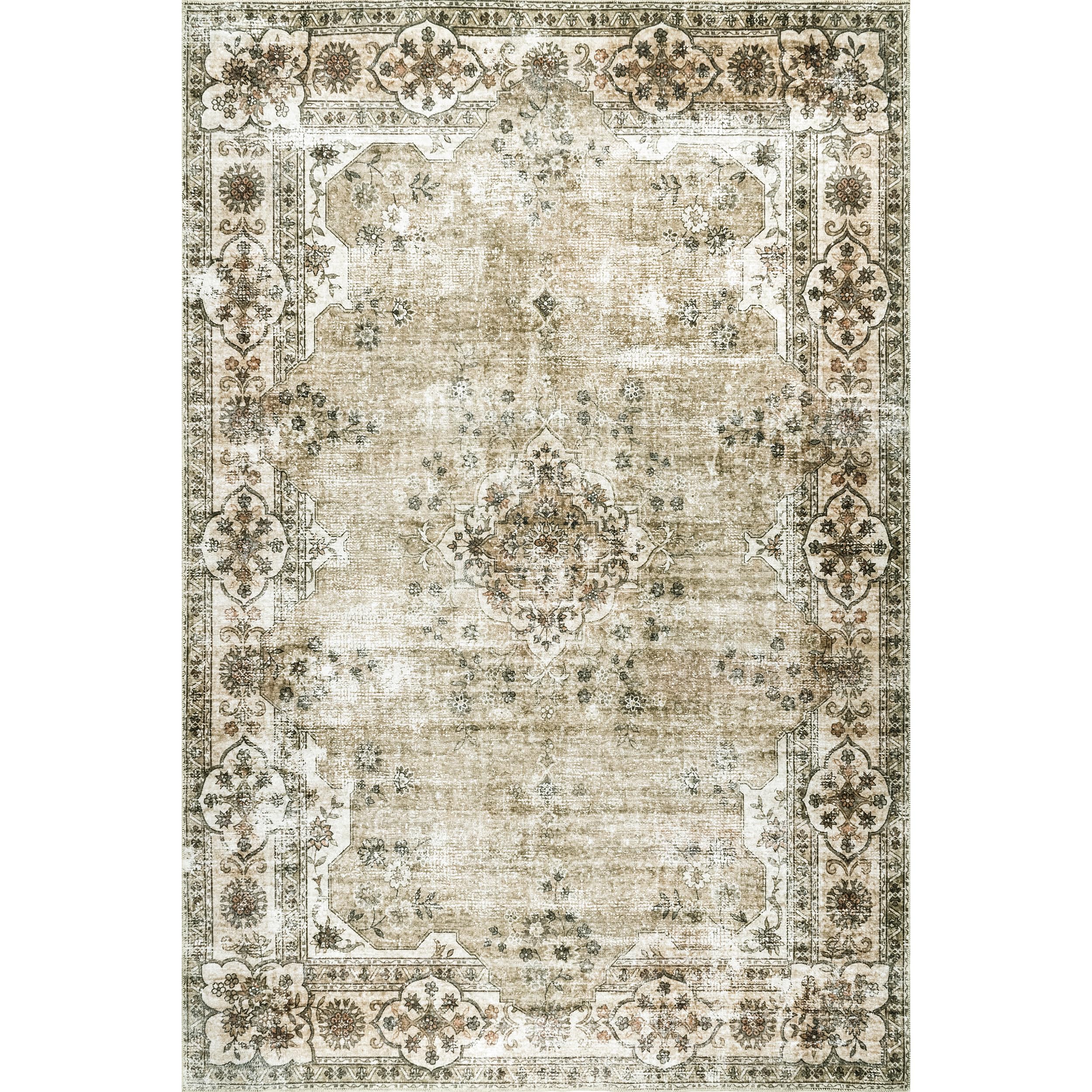 nuLOOM Paisley Machine Washable Faded Floral Border Medallion Ultra Thin Area Rug, 6' x 9', Beige - Perfect for Living Room, Bedroom & Dorm Decor