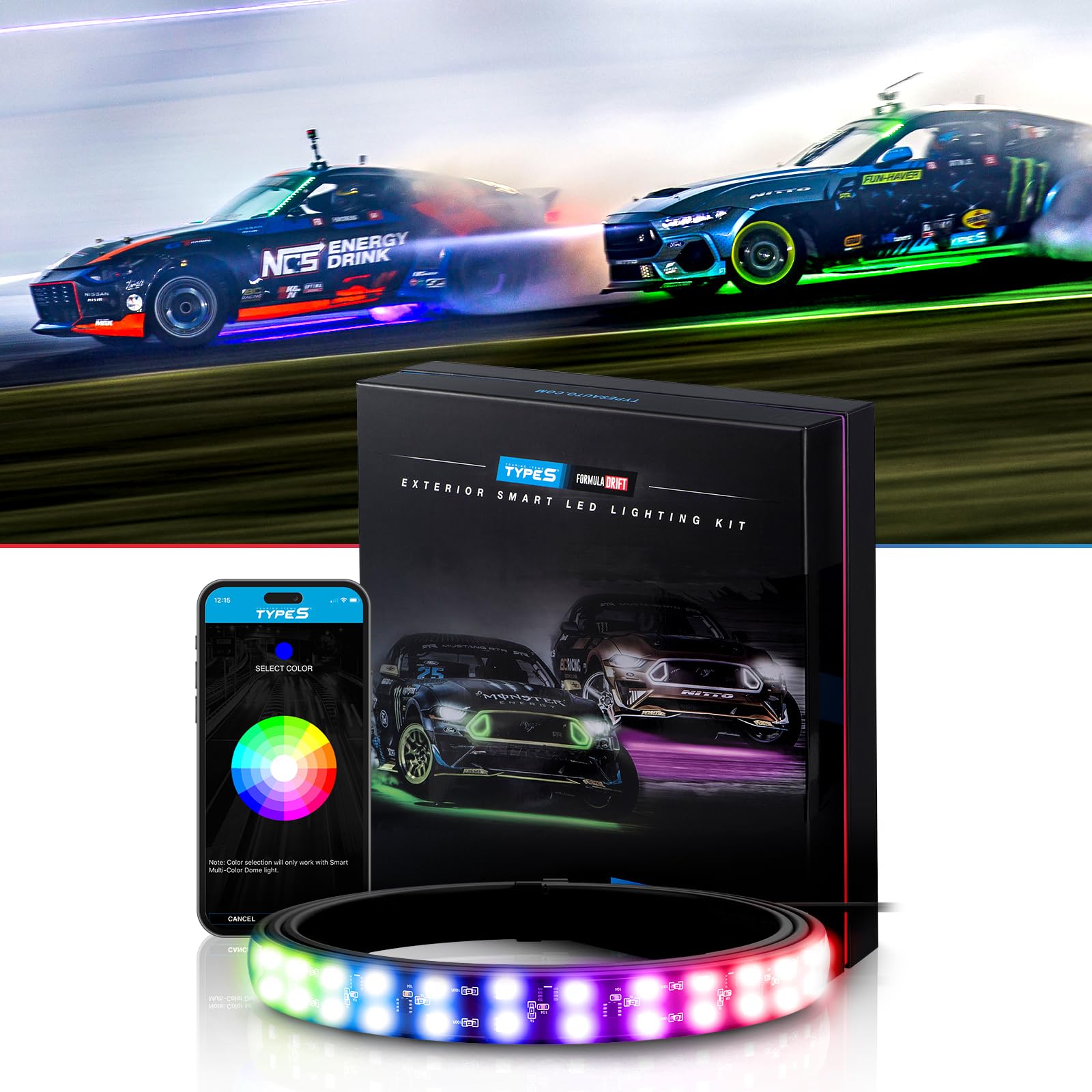 TYPE S TOURING ITEMS Automotive Neon Accent Light Kit - Formula Drift Pro Series Smart RGB LED Underglow Lights with App Control, 4 Multi-Color Strips for Cars, Trucks & SUVs | Perfect for Night Driving, Car Shows & Custom Vehicle Lighting