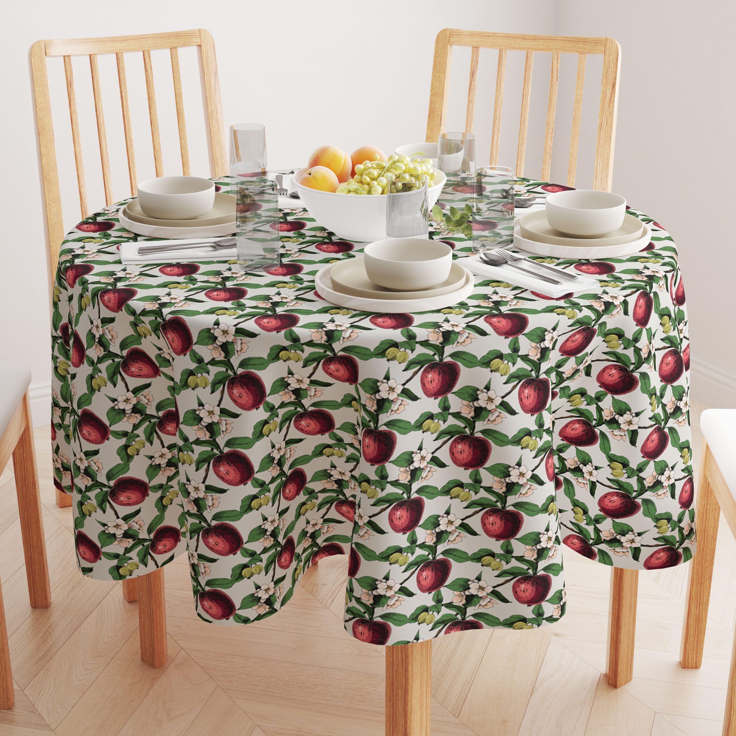 Machine Washable 100% Milliken Polyester Fabric Tablecloths, Table Runners & Napkins - Durable Outdoor/Indoor Dining Decor with Apples in Branches Design (108