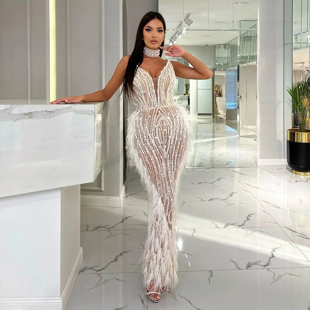 Elegant White Beaded Feather Mermaid Evening Gown with Spaghetti Straps - LA72047 for Prom, Wedding, and Formal Events