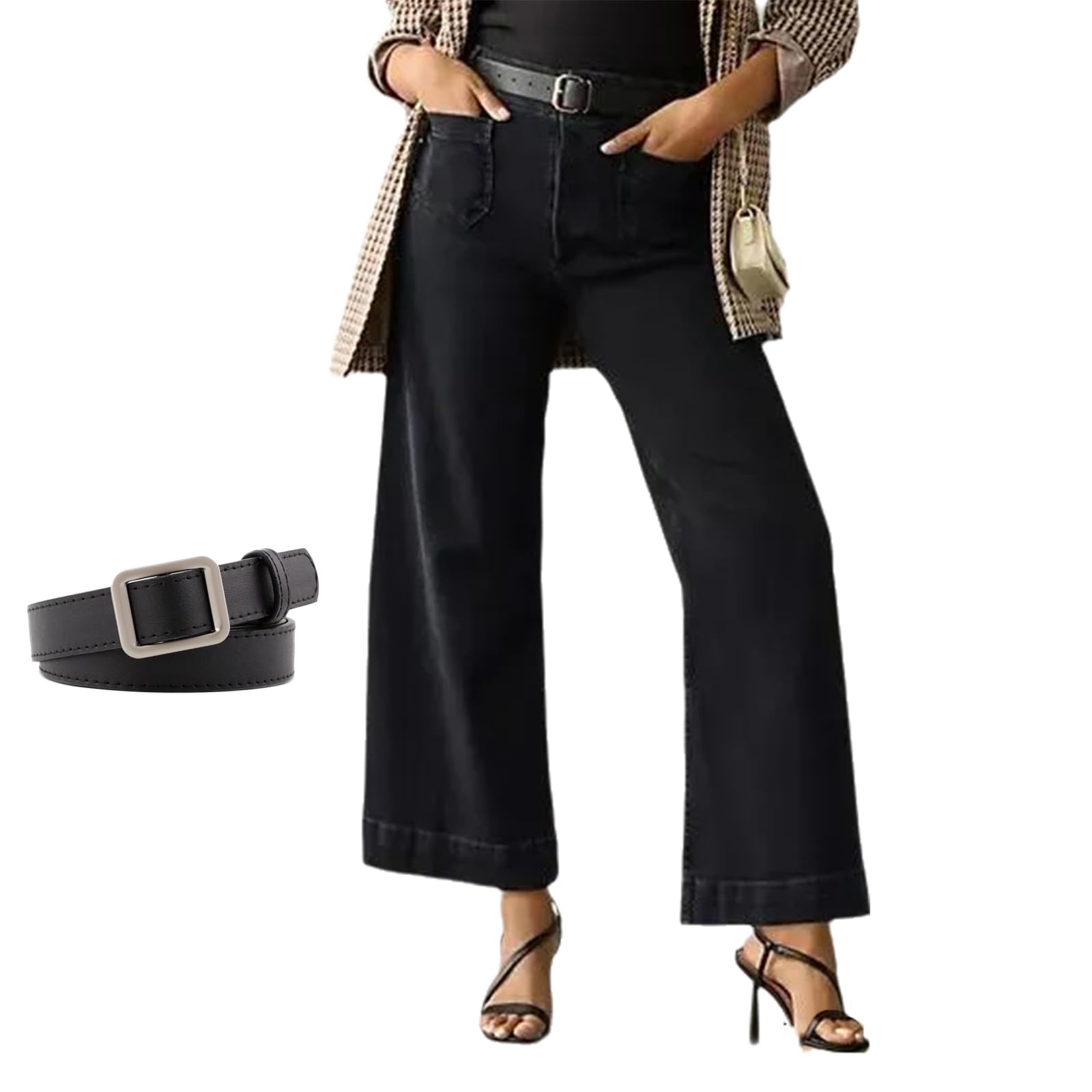 Curvachic High Waist Tummy Control Jeans for Women - Cropped Wide-Leg Straight Fit Black Trousers | Perfect for Work, Casual Outfits & Date Nights
