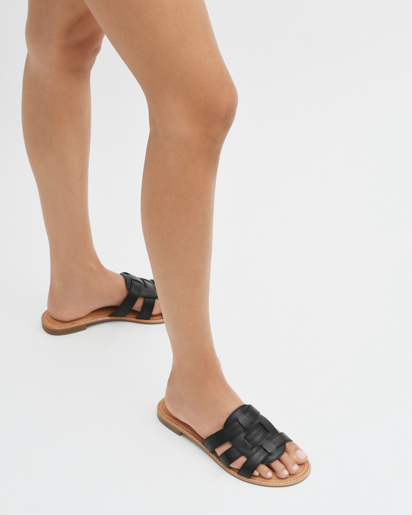 JASPER Women's Flat Sandals - Black Genuine Leather Comfortable Slip-On Sandals for Walking, Travel & Beach