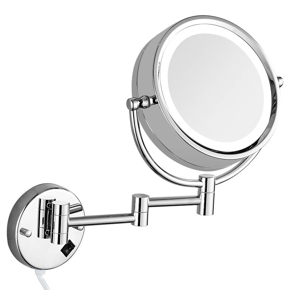 10X Magnification LED Lighted Wall Mount Makeup Mirror - 9 Inch Double Sided, 360° Swivel & 13 Inch Extension, Chrome Finish (Plug-in Power) - Perfect for Vanity, Bathroom & Professional Makeup Application