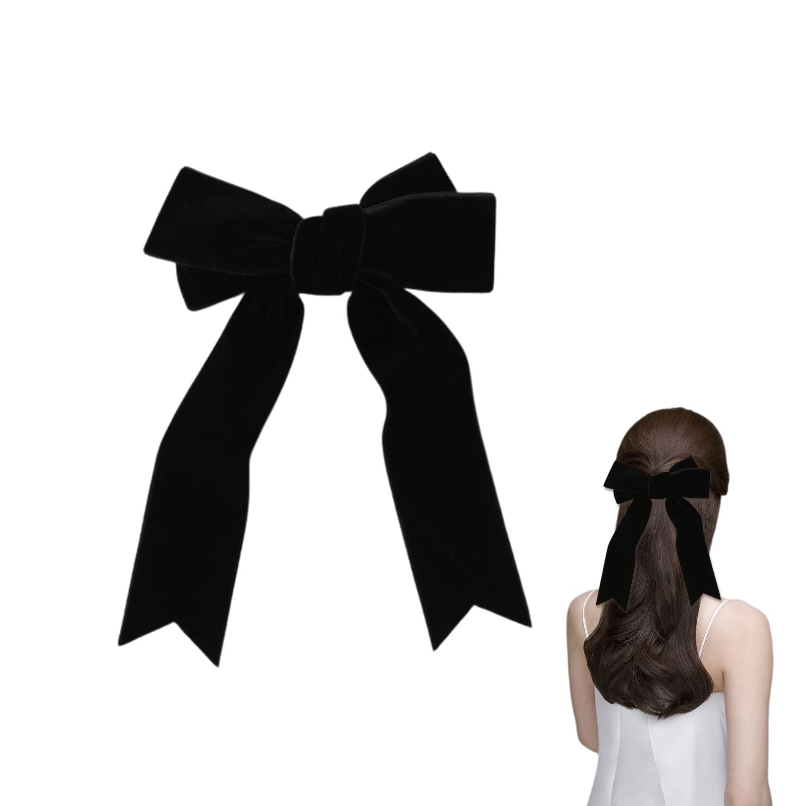 Vintage Large Velvet Hair Clips with Long Silky Satin Bows - 2 Pack French Barrettes for Women & Girls | Hair Fastener Accessories (Black) - Perfect for Weddings, Parties & Everyday Styling
