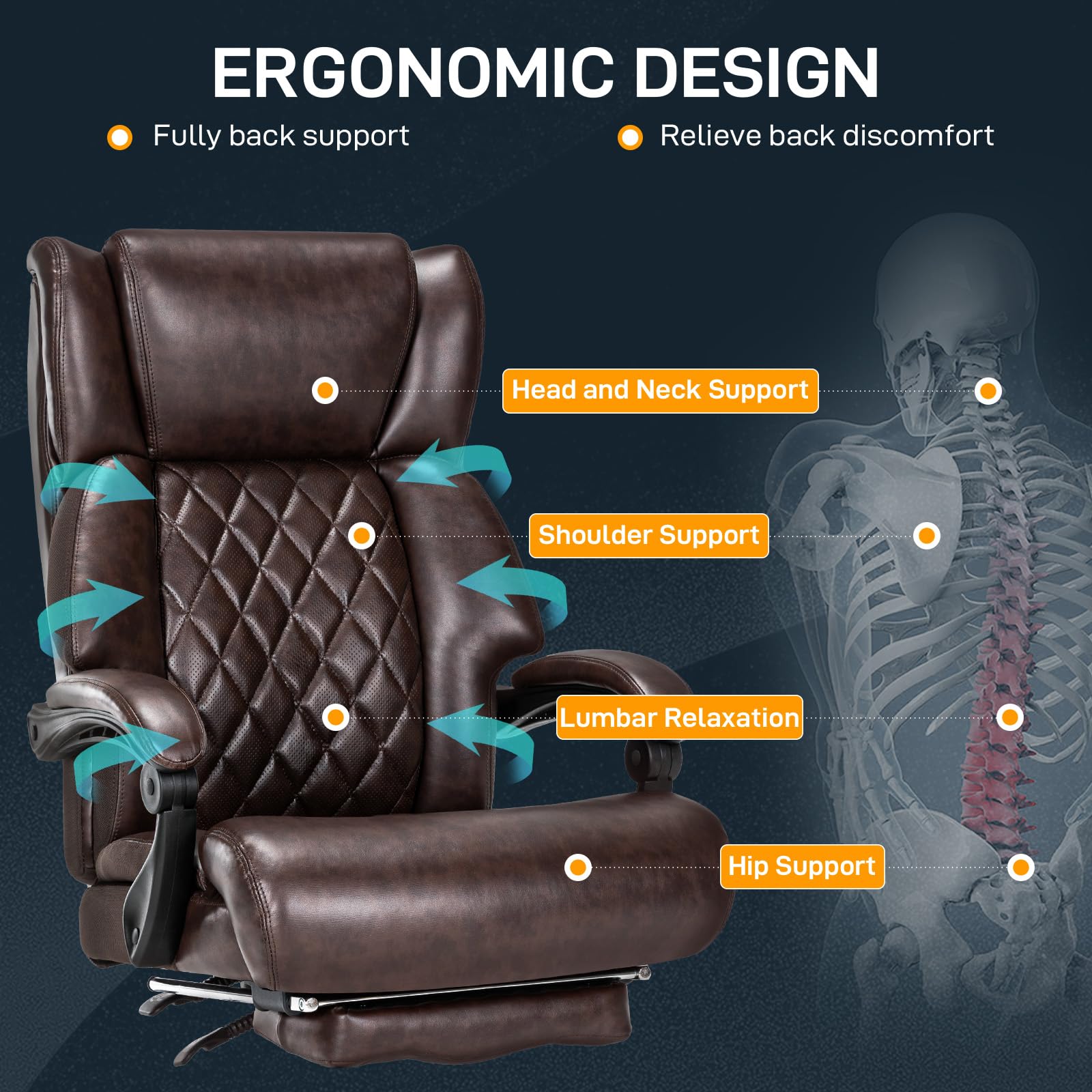 500 LBS Heavy Duty Big and Tall Office Chair with Adjustable Footrest - High Back Ergonomic Executive Chair for Heavy People - Reclining Computer Desk Chair for Home Office (Brown) - Perfect for Long Work Hours and Gaming Sessions