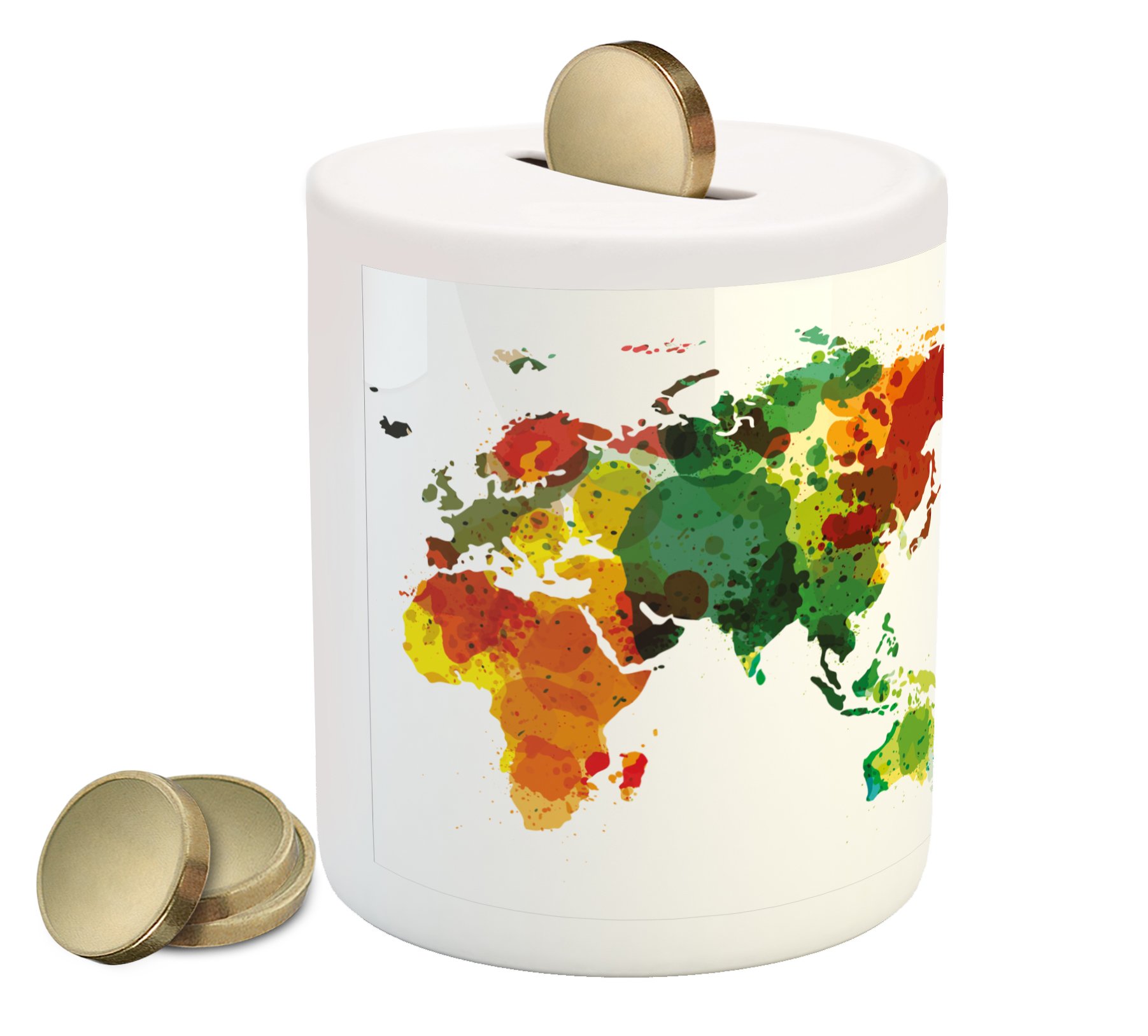 Ambesonne Rainbow World Map Ceramic Piggy Bank - Colorful Grunge Style Abstract Art Coin Bank for Cash Saving, Universal Peace Inspired Money Box | Perfect for Kids, Teens & Adults as Gift or Home Decor