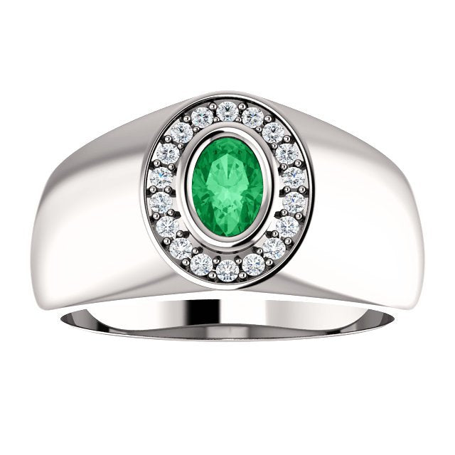 14KT Gold Emerald & Diamond Oval Halo Ring for Men - 0.48CT Emerald & 0.18CTW Diamond Engagement Wedding Band - Perfect for Proposals, Anniversaries & Special Occasions