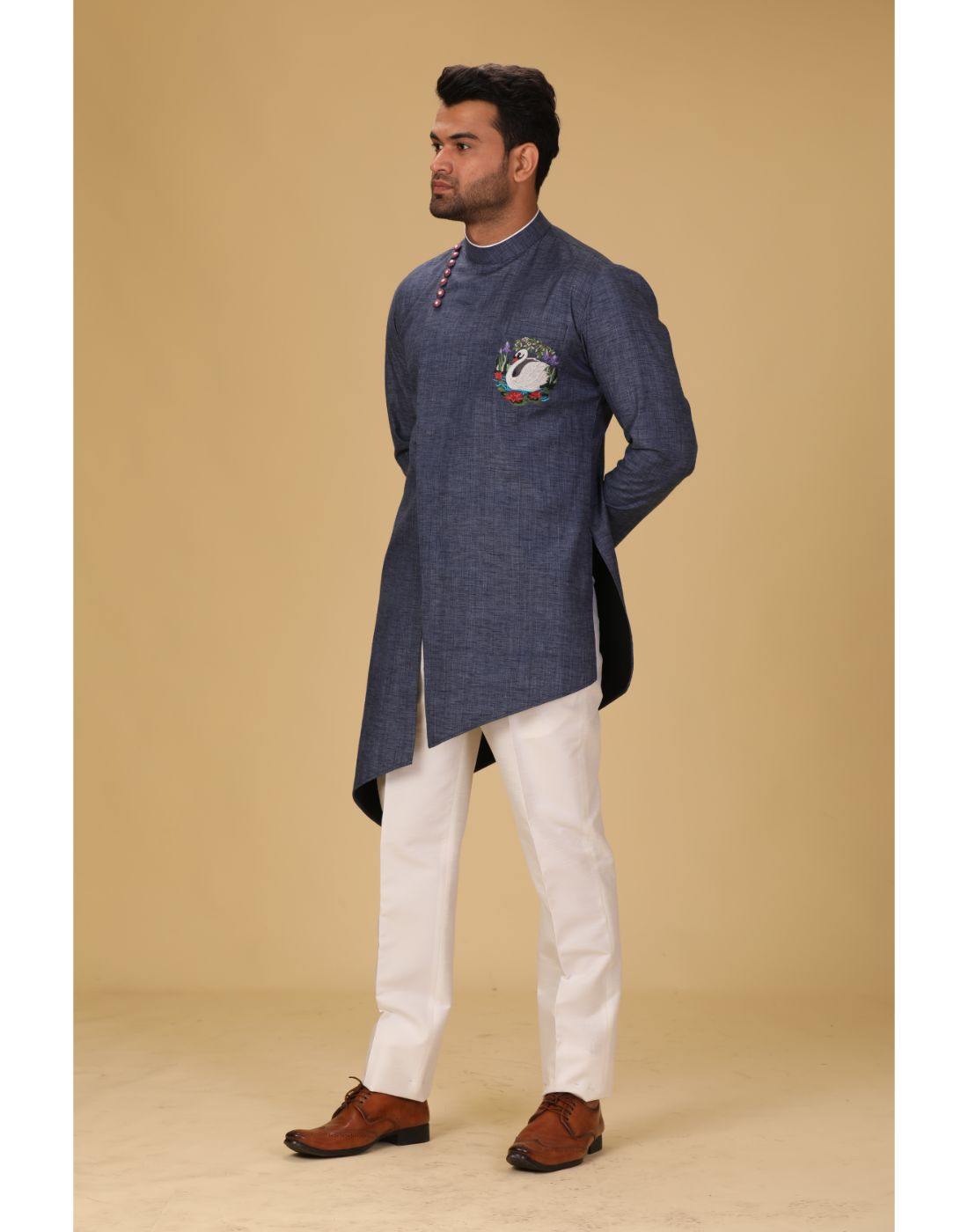 BluesnGreys Indigo Blue with Flamingo Print Designer Kurta Pant Set - Stylish Ethnic Outfit for Parties, Weddings & Festive Occasions