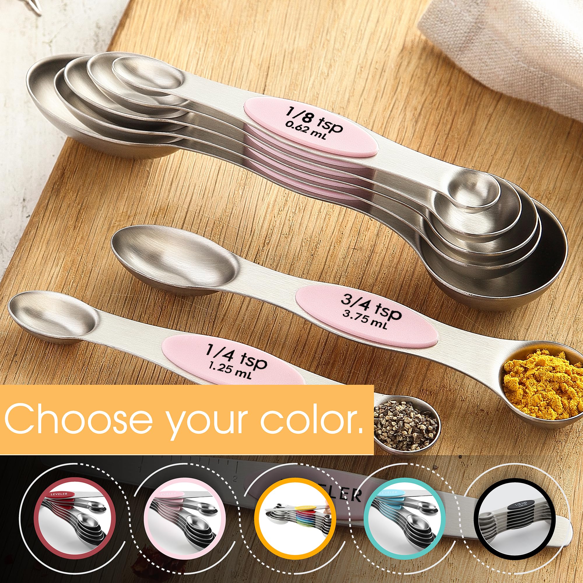 Spring Chef 8-Piece Stainless Steel Magnetic Measuring Spoons Set - Dual Sided Teaspoon & Tablespoon with Leveler, Strong Magnets - Perfect for Baking, Cooking & Meal Prep - Pink Lemonade Kitchen Gadgets