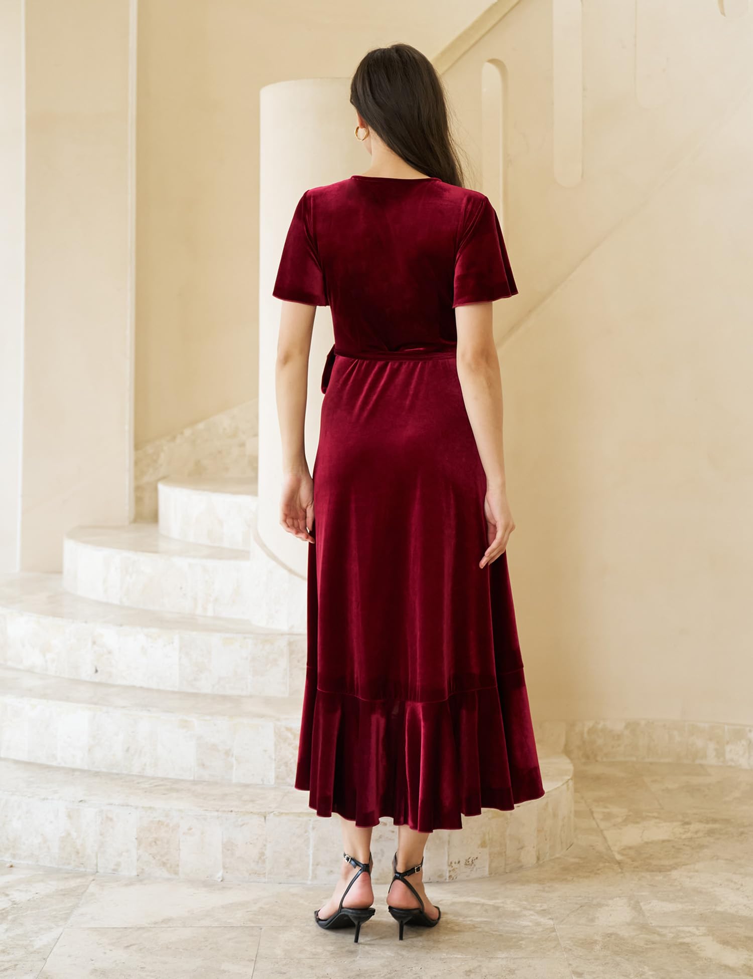 Elegant Women's Velvet Maxi Dress - Boho V Neck Wrap Dress for Wedding Guest, Fall Maternity & Formal Occasions with Pockets | Perfect for Holiday Parties, Date Nights & Special Events