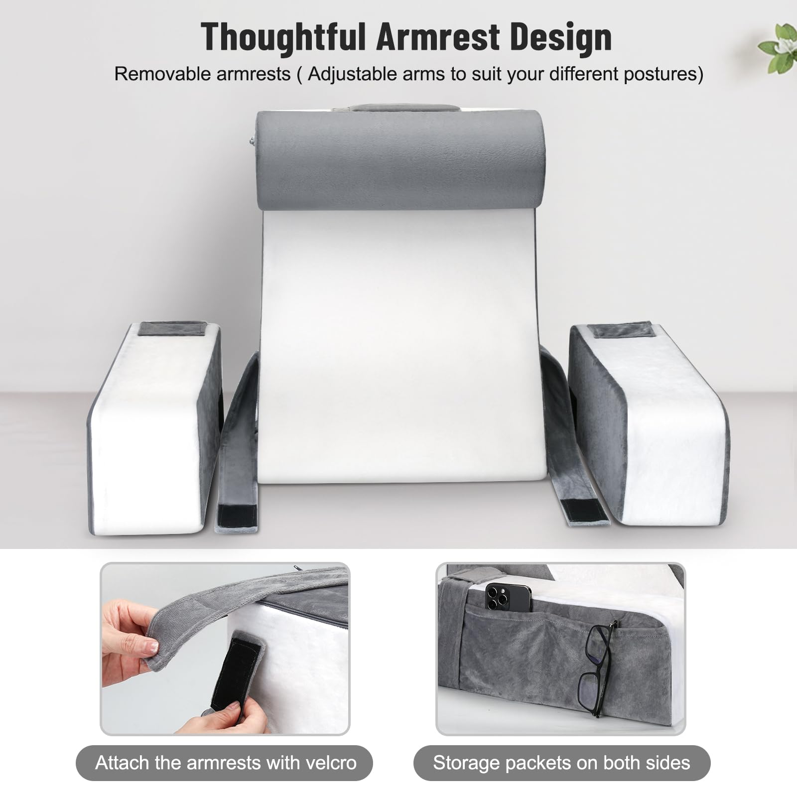 **Comfortable Reading Pillow for Adults - 19in Grey & White Back Support Pillow with Arms and Headrest for Sitting in Bed, Watching TV, or Relaxing - Solid Foam Chair for Ultimate Comfort**