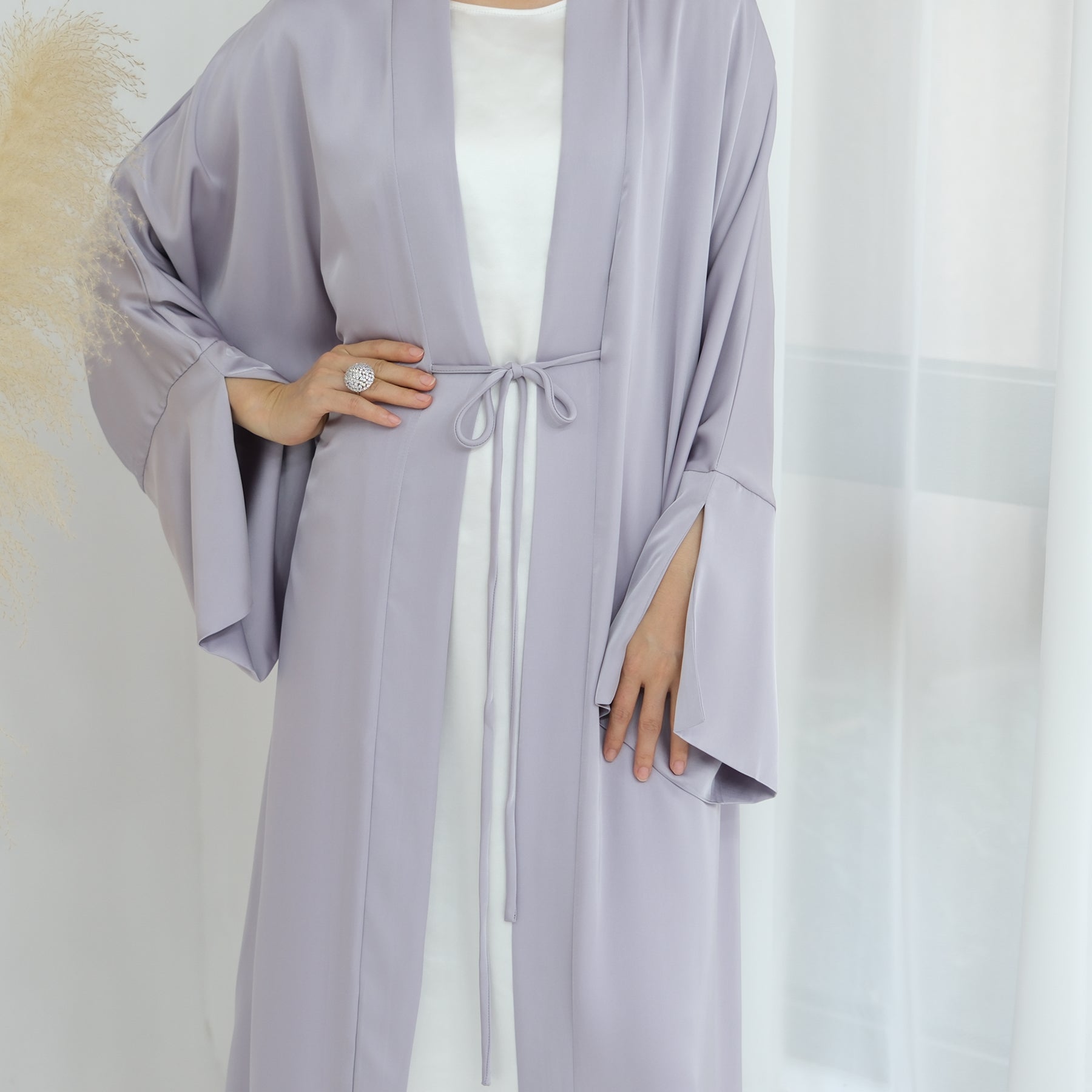 Lavinia Satin Open Abaya - Elegant Muslim Prayer Dress in Soft Lavender | Perfect for Prayer, Mosque, and Special Occasions