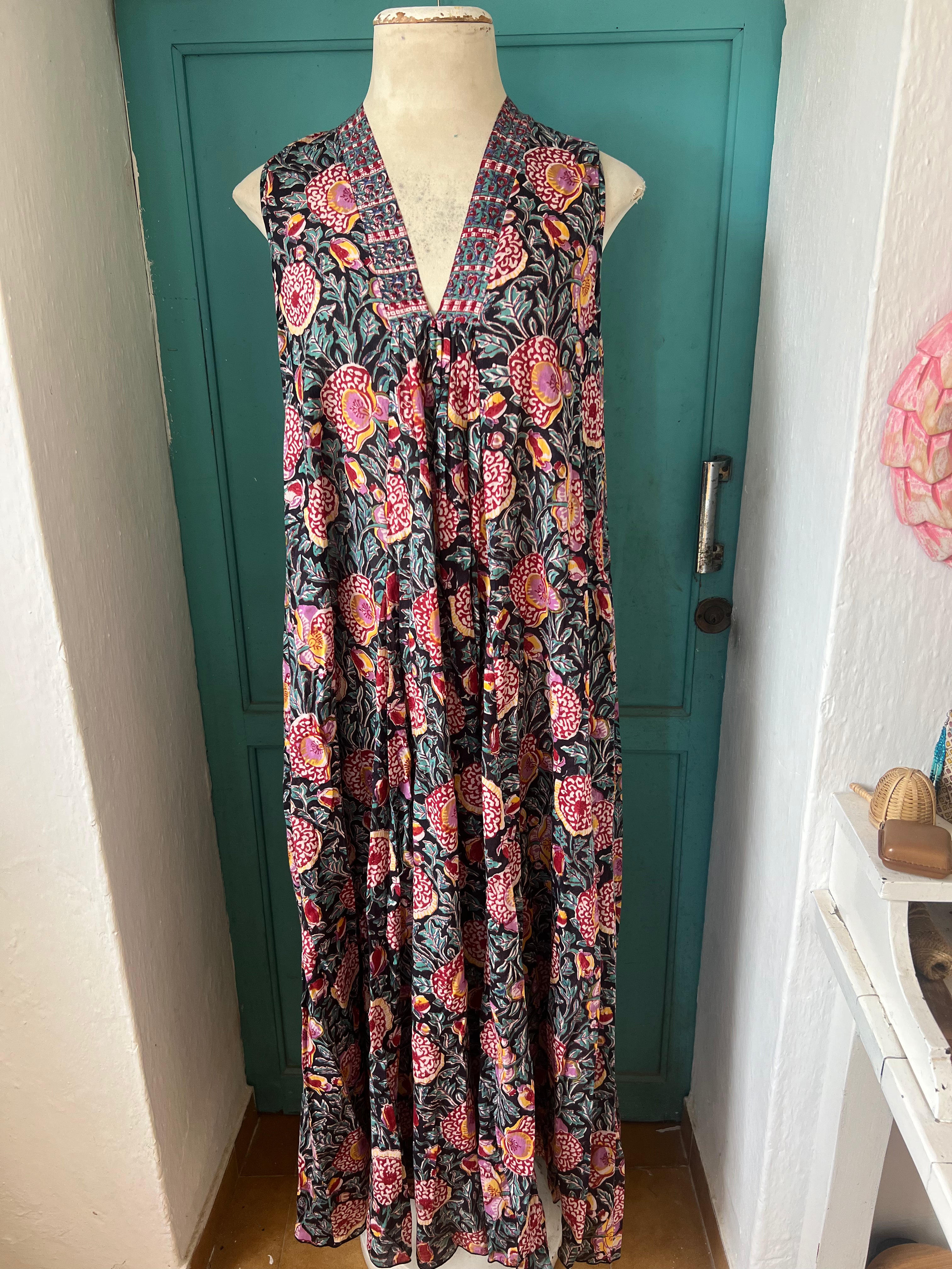 Boho Sleeveless Maxi Dress - Black & Pink Floral Print | Summer Beach Wedding, Vacation, Party Outfit