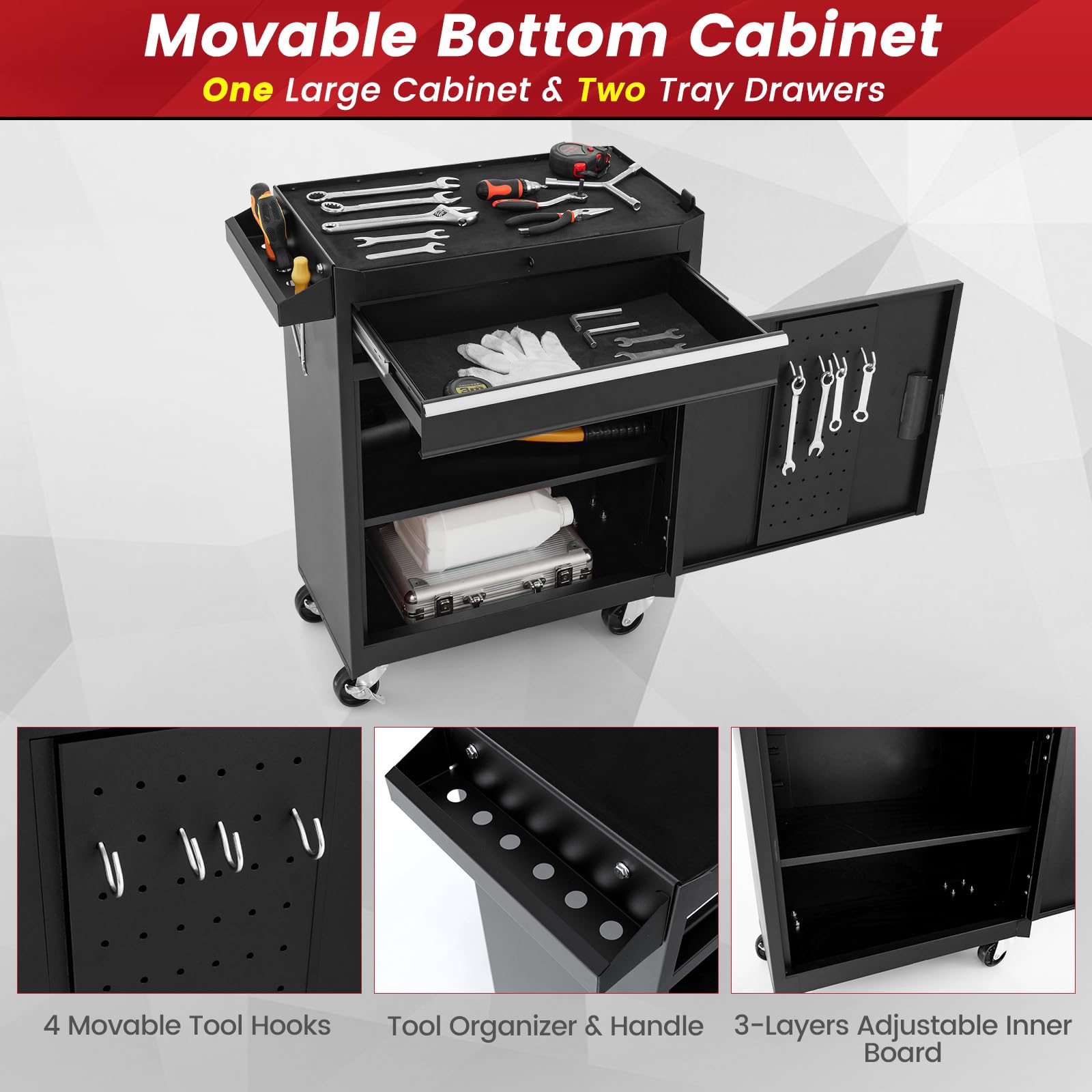 ERGOMASTER Heavy Duty 5-Drawer Rolling Tool Chest with Lockable Cabinet - Black | Durable Garage & Workshop Tool Storage for Mechanics & DIY Projects