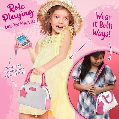 Pretend Play Purse Set for Girls Ages 3-8 - Toy Phone, Wallet, Credit Cards, Keys & Makeup Kit | Role Play Accessories for Toddlers & Little Girls | Perfect for Birthday Gifts, Dress-Up & Imaginative Play